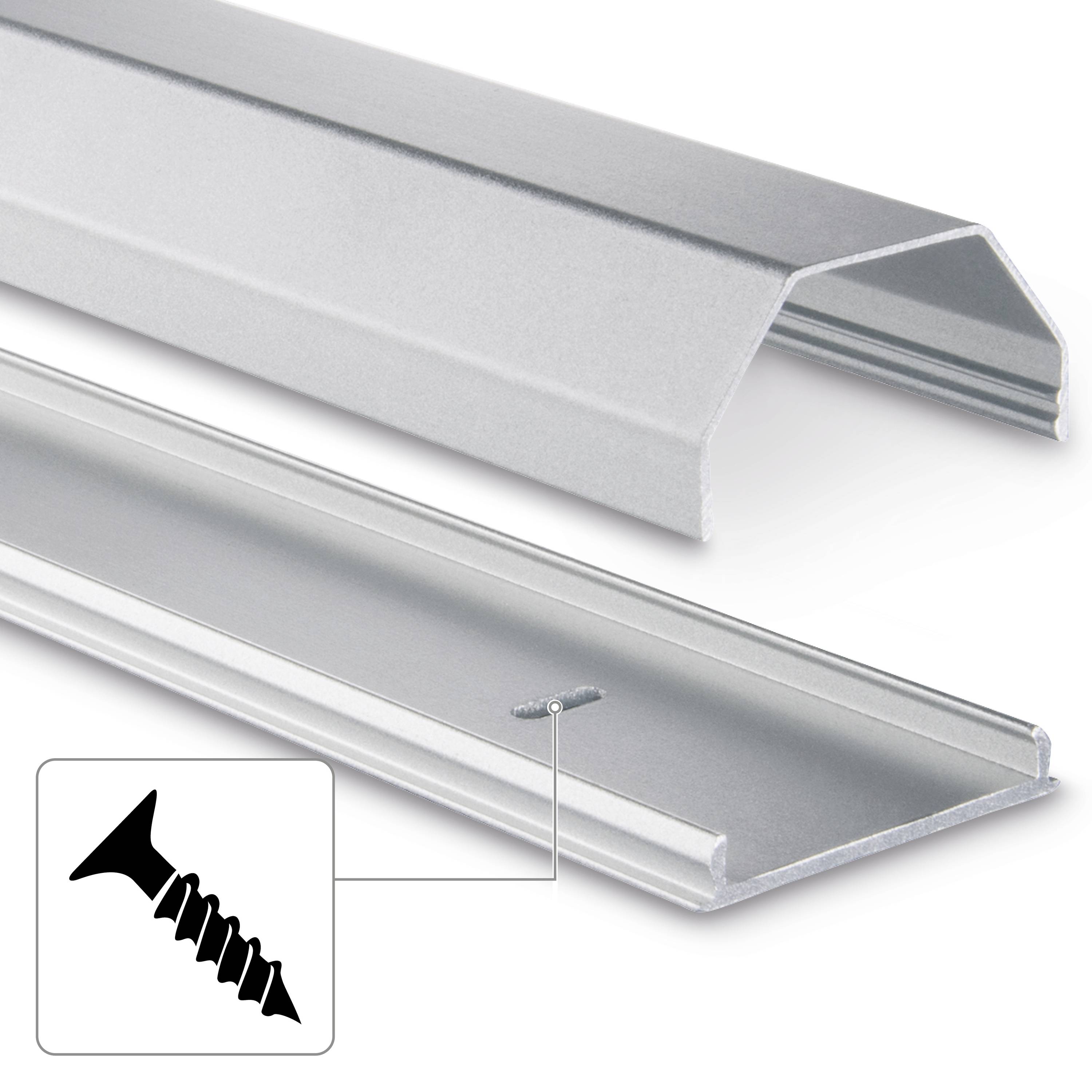 Silberfarbene Metallabdeckung für Befestigungsschrauben. Enthält eine grafische Schraube zum Verdeutlichen der Befestigungsstelle.