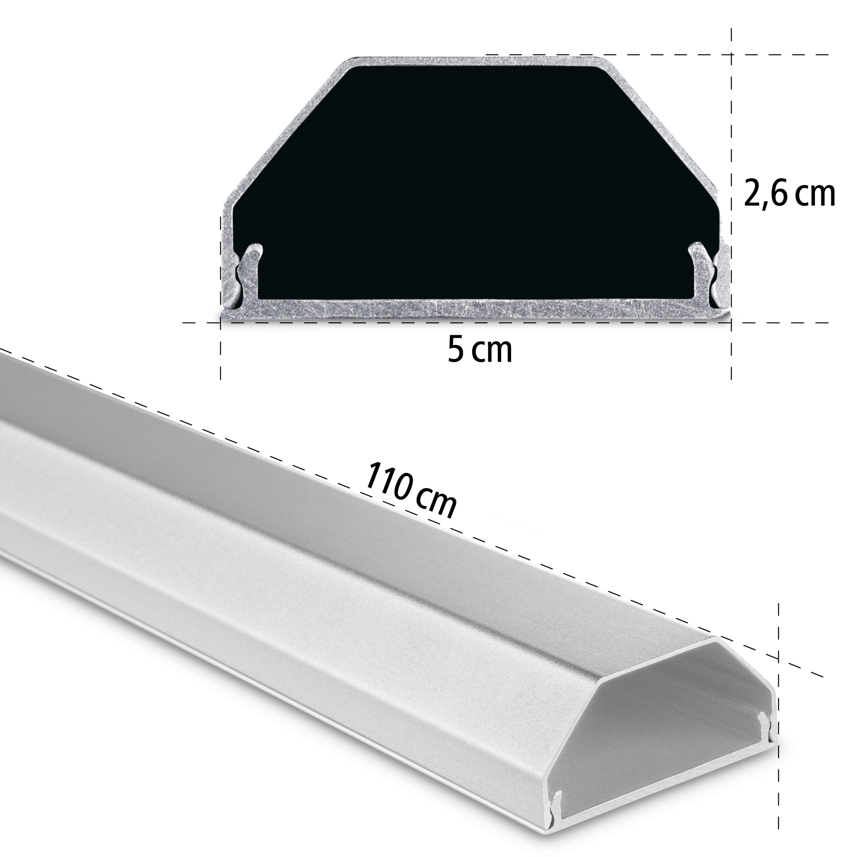 Profilansicht eines trapezförmigen Aluminiumprofils mit den Maßen 110 cm Länge, 5 cm Breite und 2,6 cm Höhe.