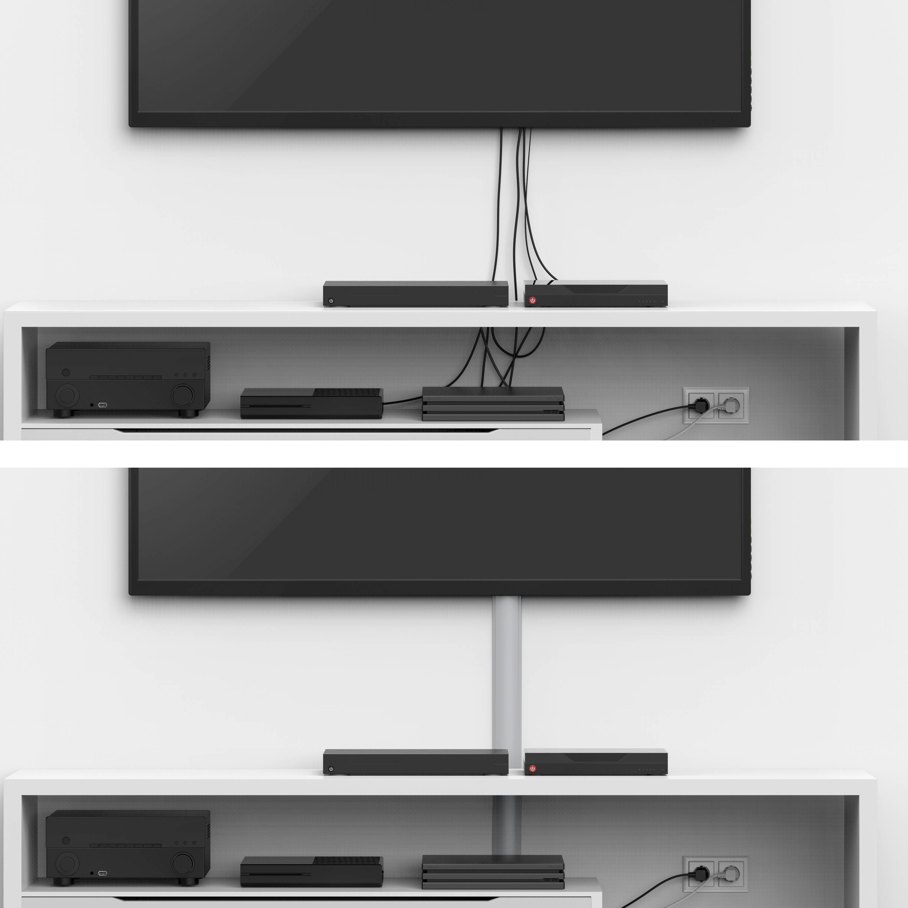 Zwei Fernseher-Installationen im Vergleich: Oben frei hängende Kabel, unten Kabel sauber in einem Kanal verborgen.