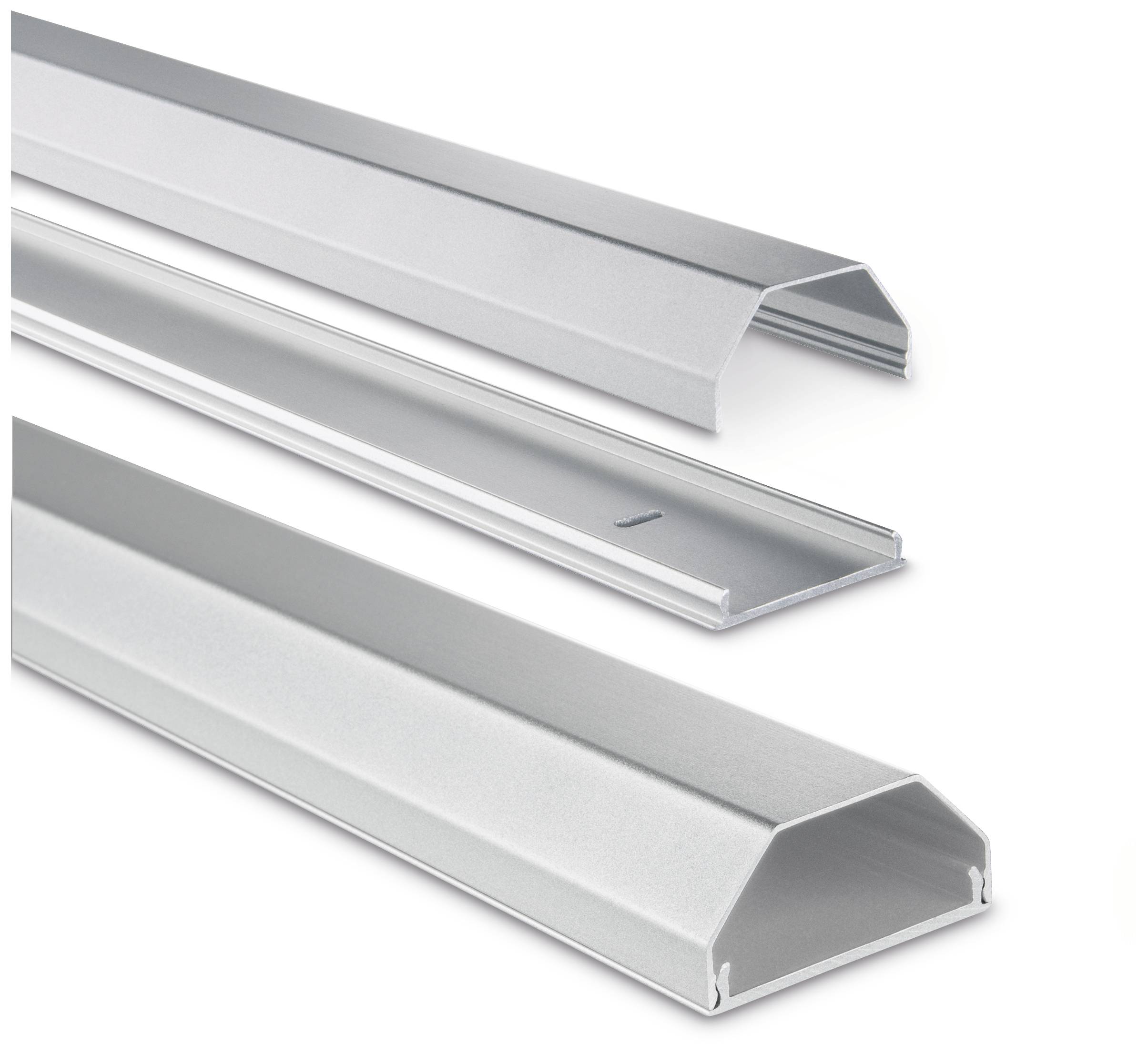 Drei silberfarbene Aluminiumprofile, unterschiedliche Formen. Oben: abgeschrägte Abdeckung; Mitte: flaches Profil; Unten: trapezförmige Abdeckung.