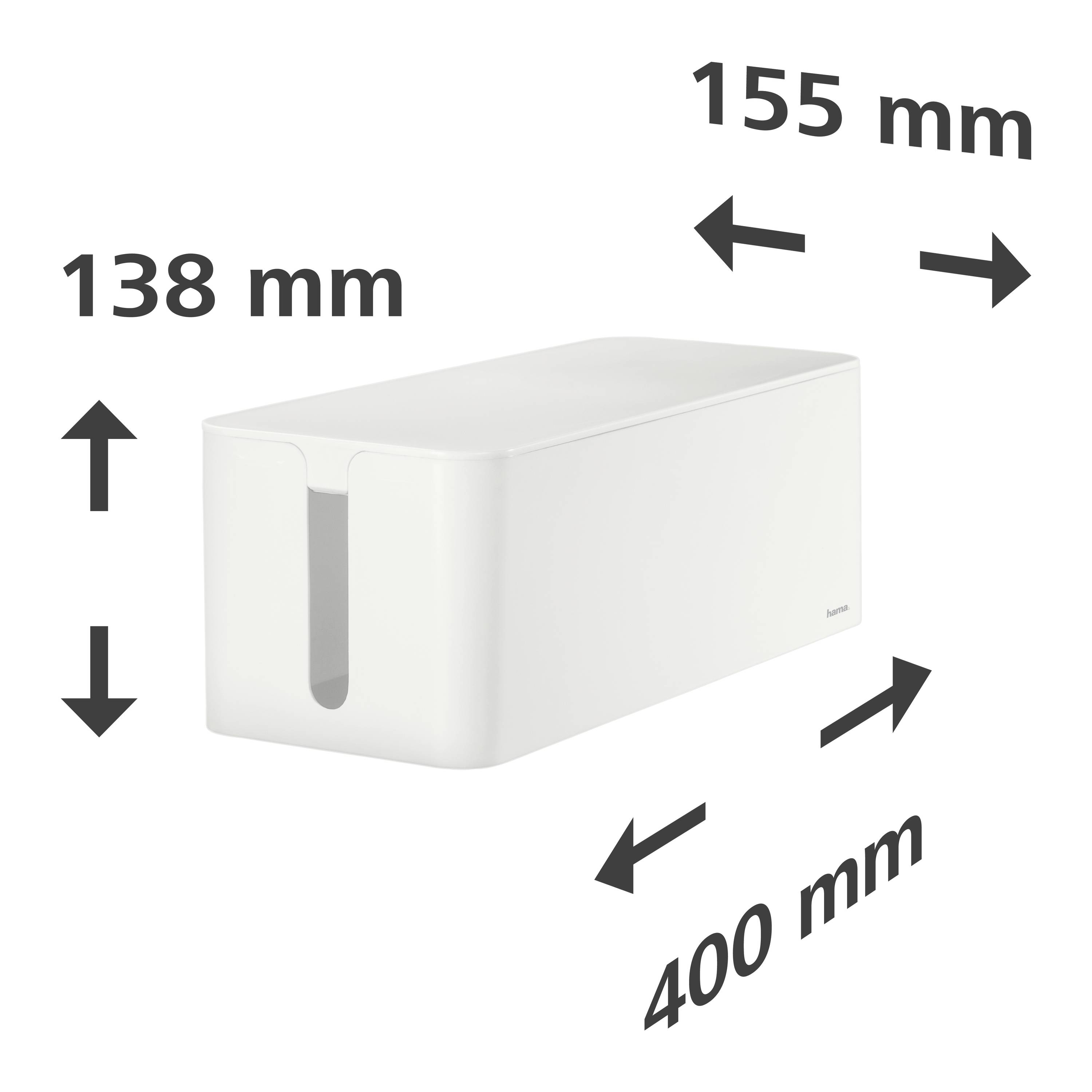 Weiße rechteckige Kabelbox mit Schlitz an der Vorderseite. Maße: 400 mm Länge, 155 mm Breite, 138 mm Höhe.