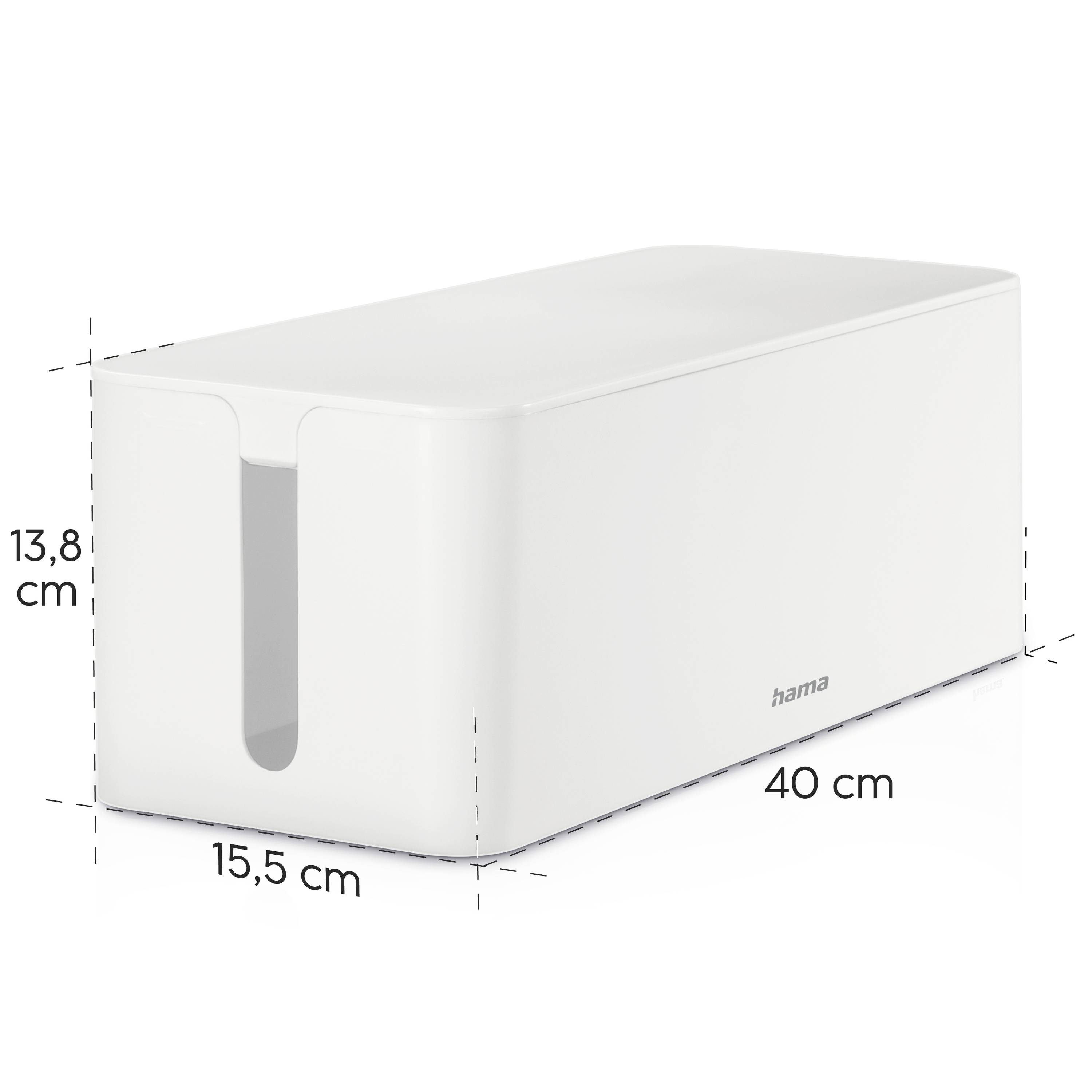 Ein weißer Kabelorganisator mit den Maßen 40 cm lang, 15,5 cm breit und 13,8 cm hoch, geeignet zum Verbergen von Kabeln.