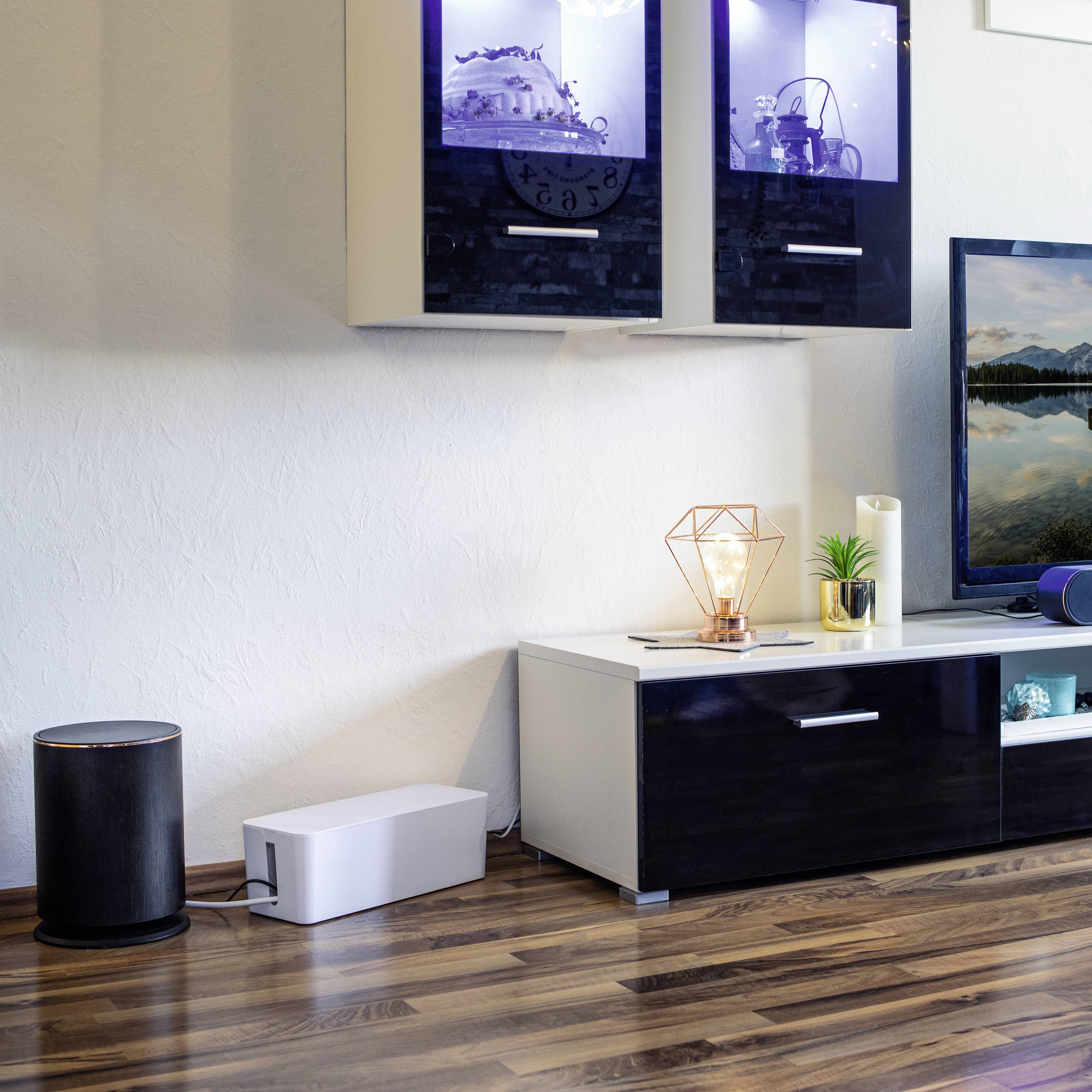 Wohnzimmer mit Holzboden, weißer Wand, Regalen mit Dekorationen, modernem Sideboard mit Pflanzen und Kunstwerk an der Wand.