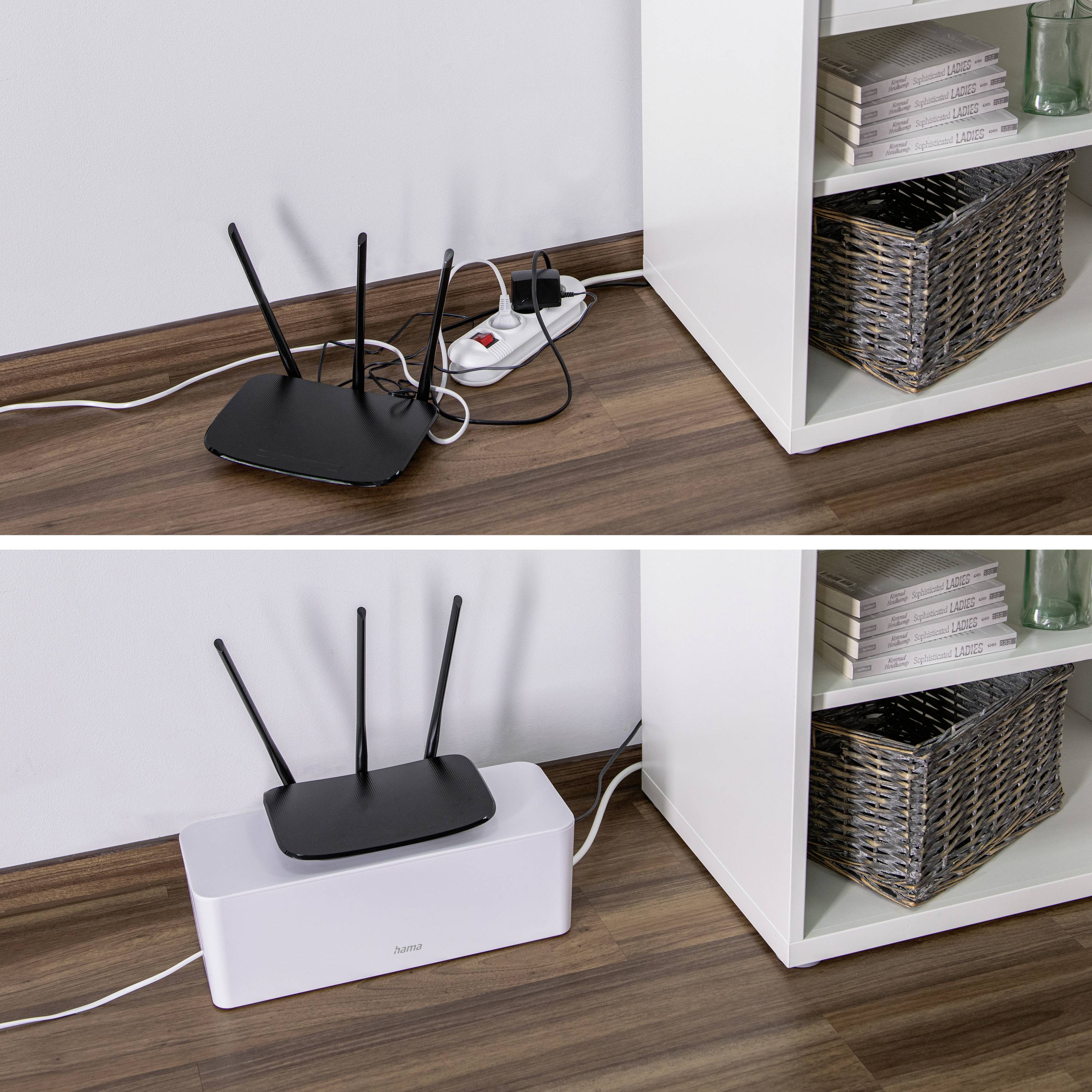 'Vorher-Nachher' Bild: Oben zeigt einen schwarzen Router mit sichtbaren Kabeln; unten ist der Router in einer weißen Box ordentlich verstaut.