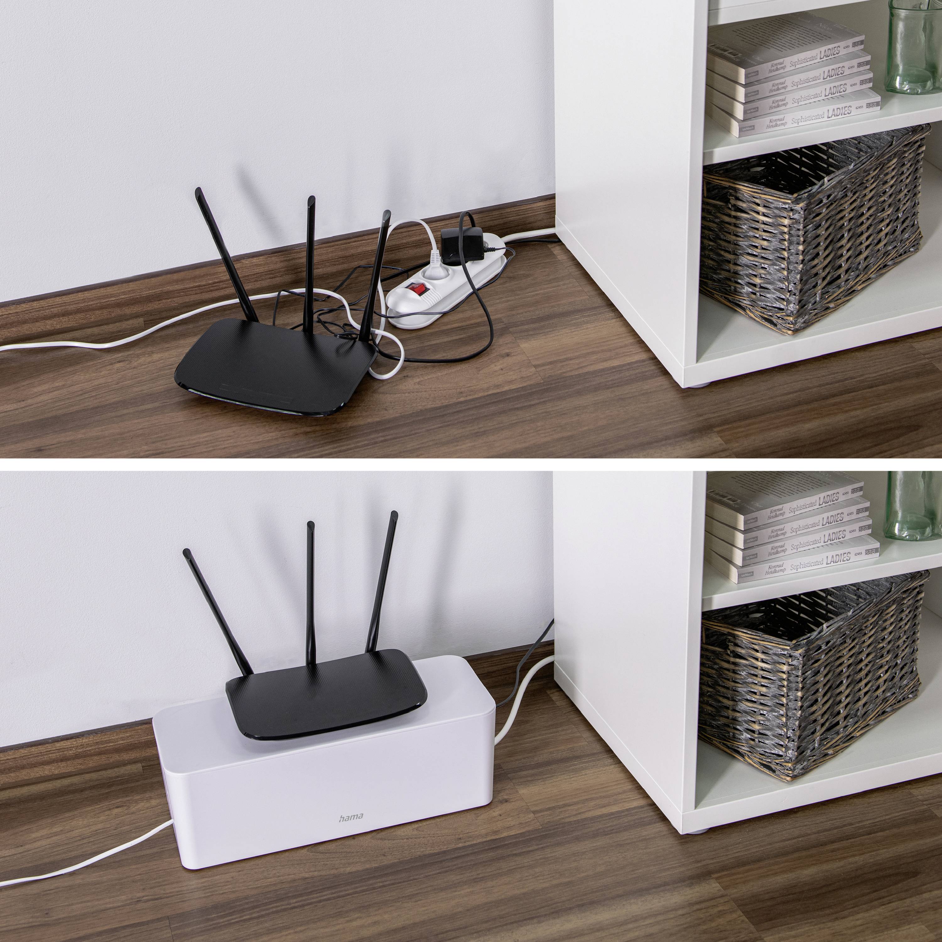 Zwei Bilder zeigen vor und nach einer Umgestaltung: Oben ein Router und Kabelsalat, unten ein ordentlicher Router ohne sichtbare Kabel.