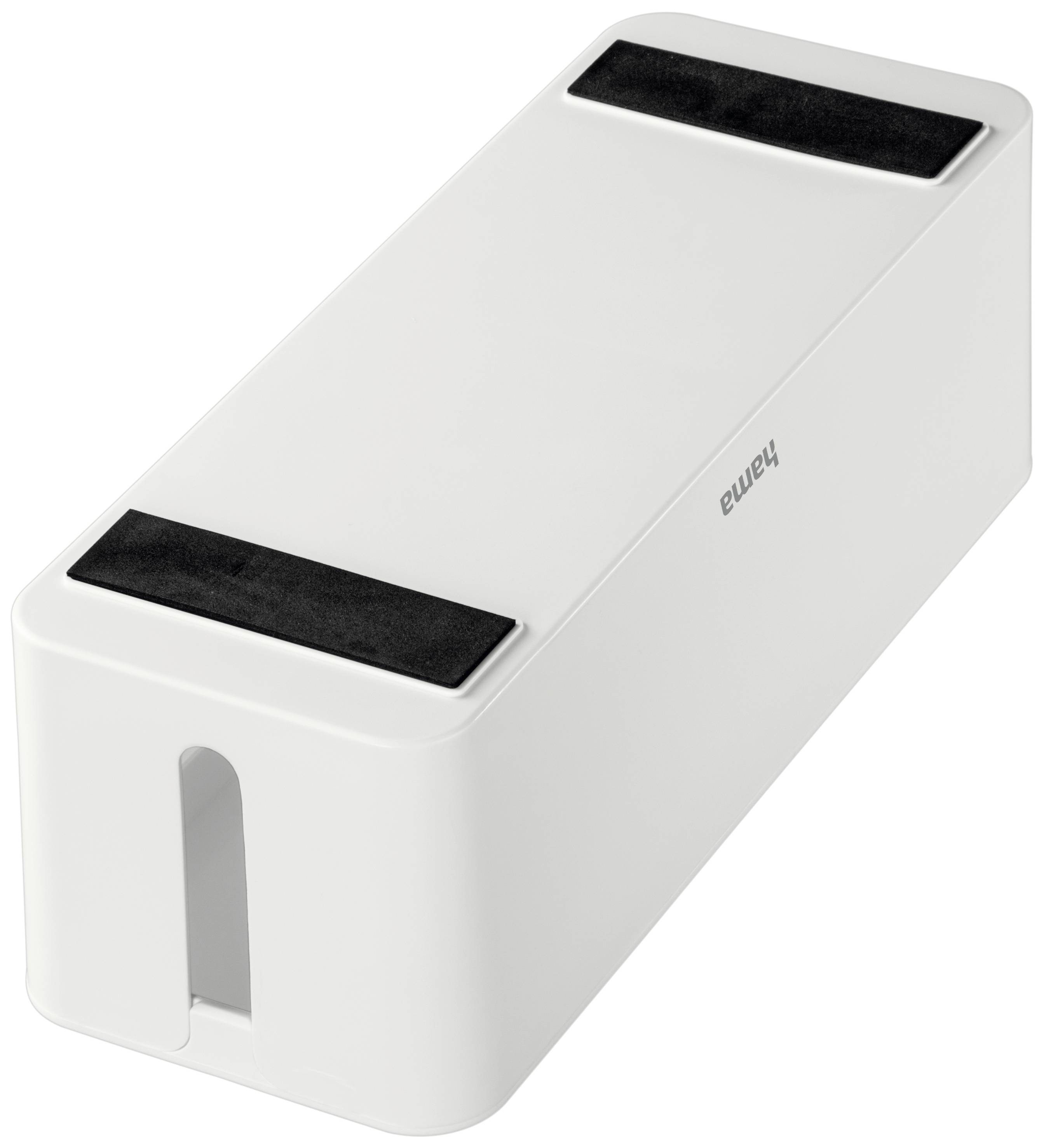 Weiße Kabelbox mit abgerundeten Ecken, zwei schwarzen Gummistreifen oben und einem Schlitz an der Seite für Kabeldurchführung.