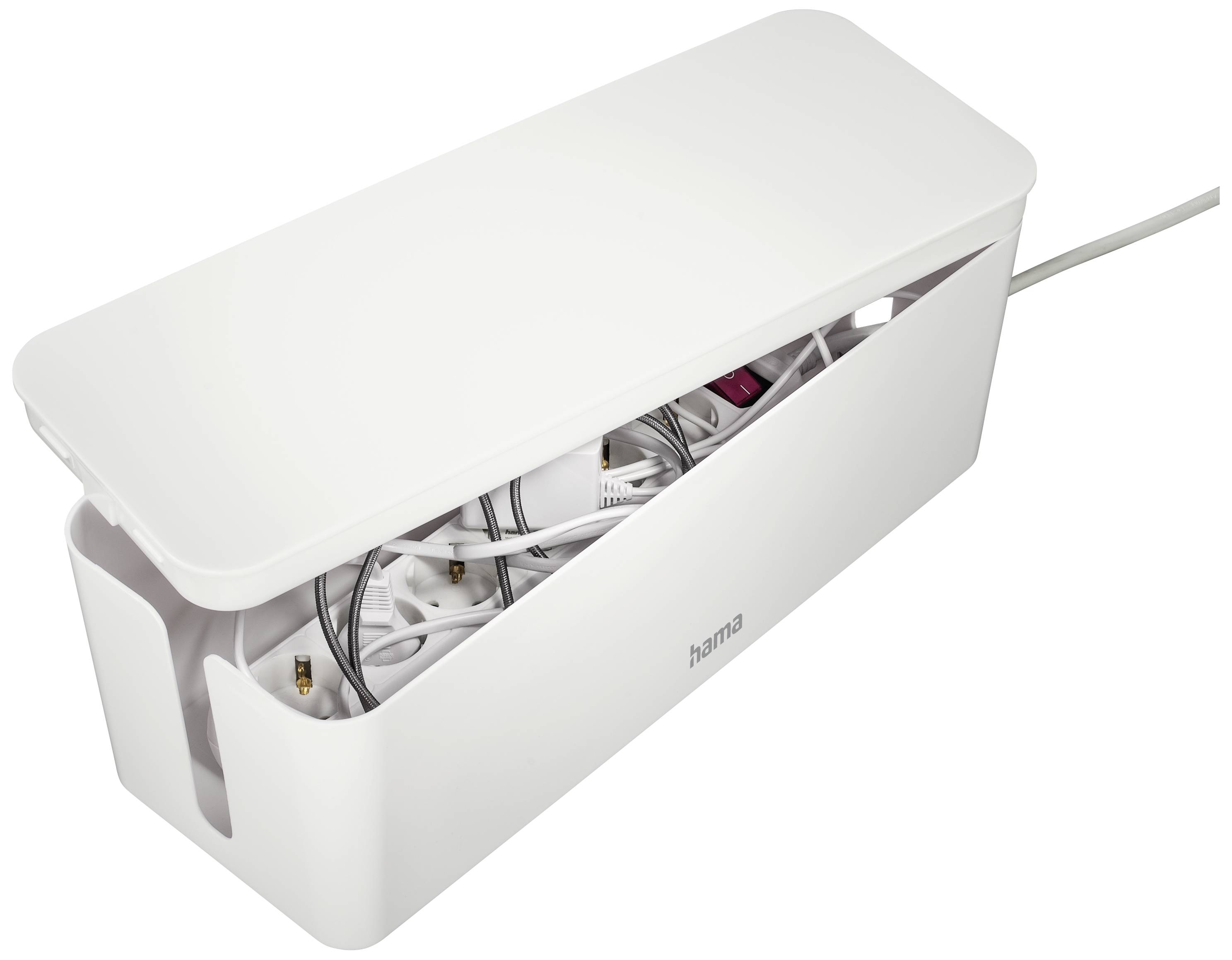 Eine weiße Kabelbox mit offenem Deckel zeigt geordnete Kabel im Inneren. Die Box dient zur Kabelorganisation auf einem Schreibtisch.