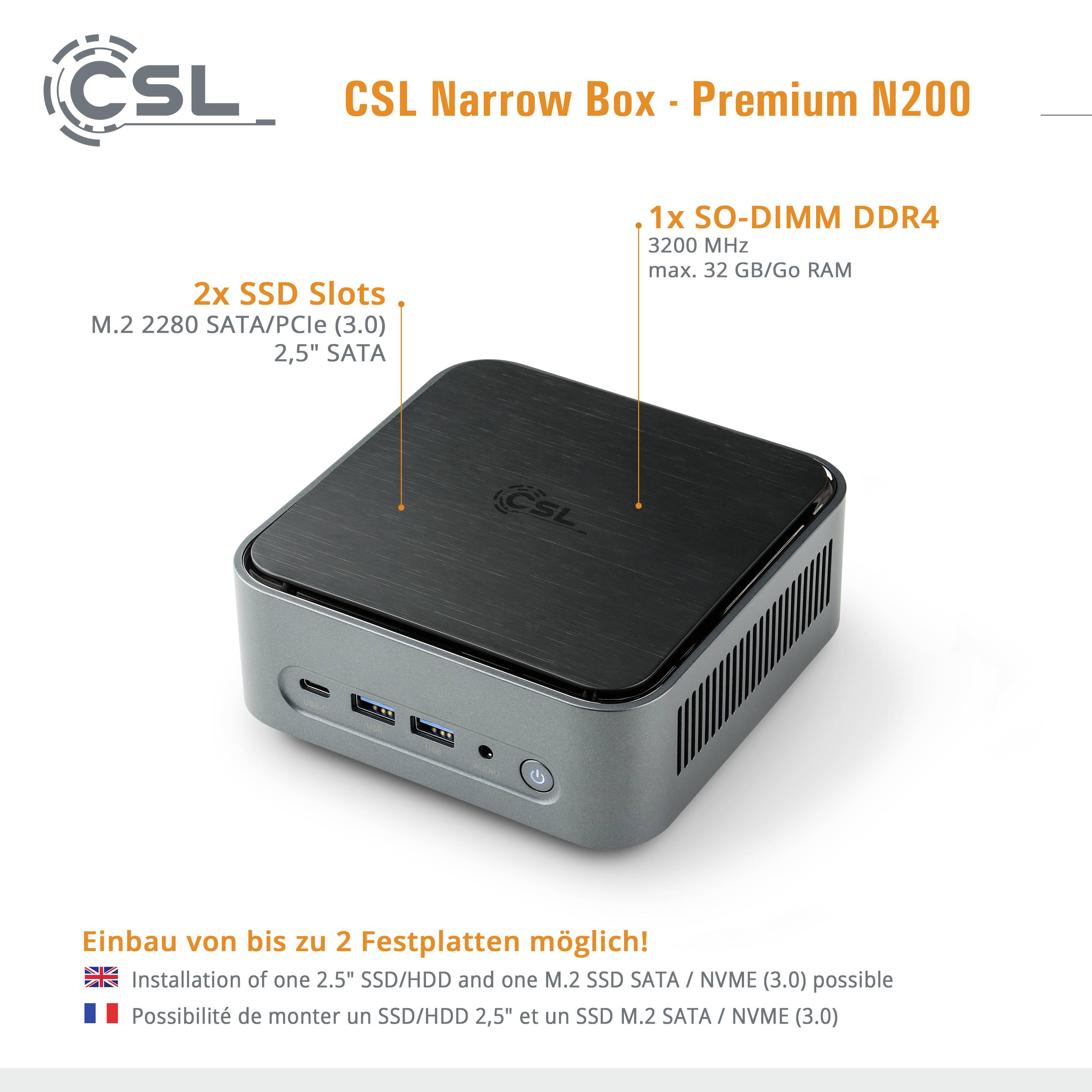 CSL Computer Mini PC Narrow Box Premium Intel® N N200 3.7GHz 16GB RAM 1TB SSD Intel UHD Graphics Win 11 Home S-Modus 90662
