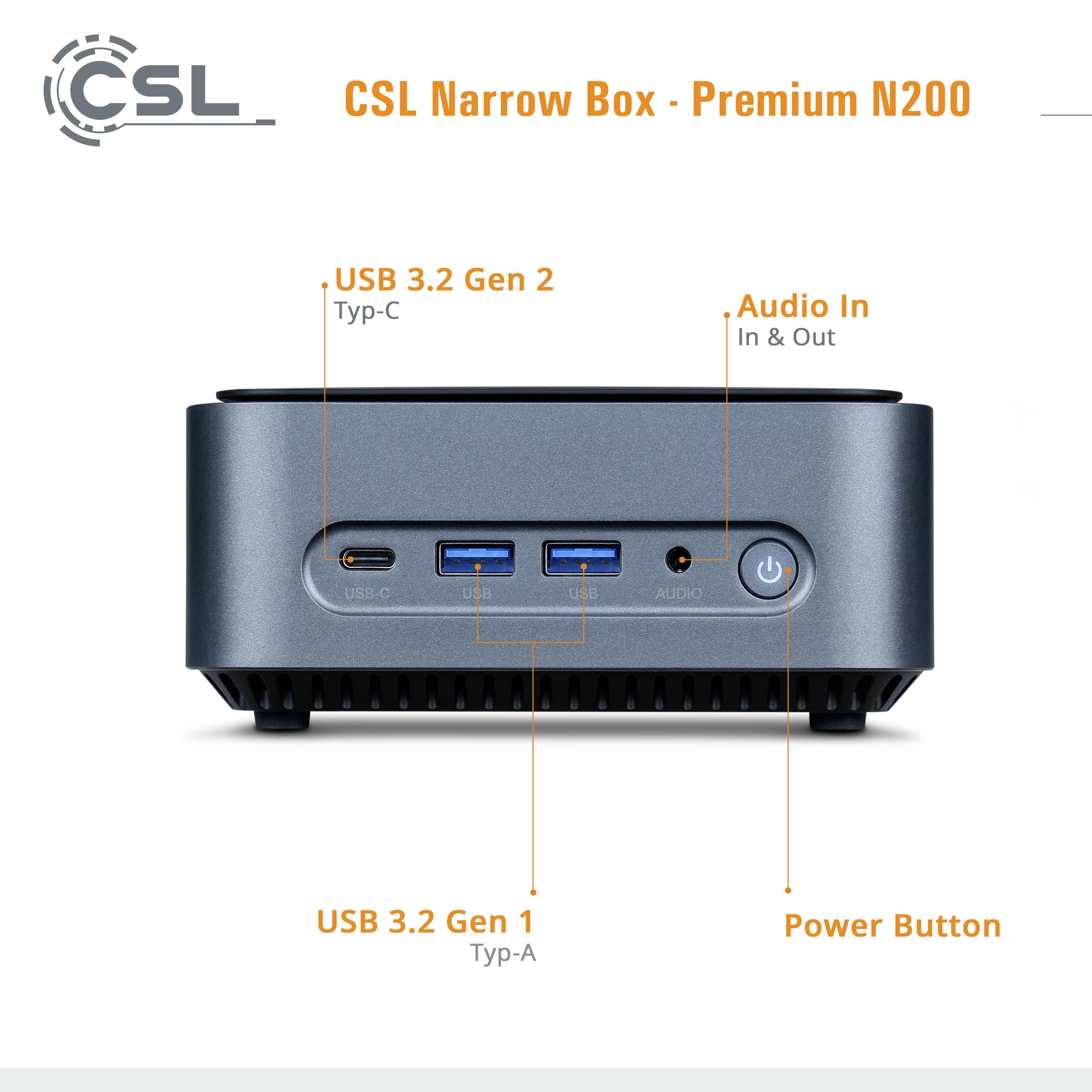 'CSL Narrow Box - Premium N200', ein kompakter PC mit Anschlüssen: USB-C, USB 3.2 Gen-1, Audio In & Out, Ein-/Ausschalter.