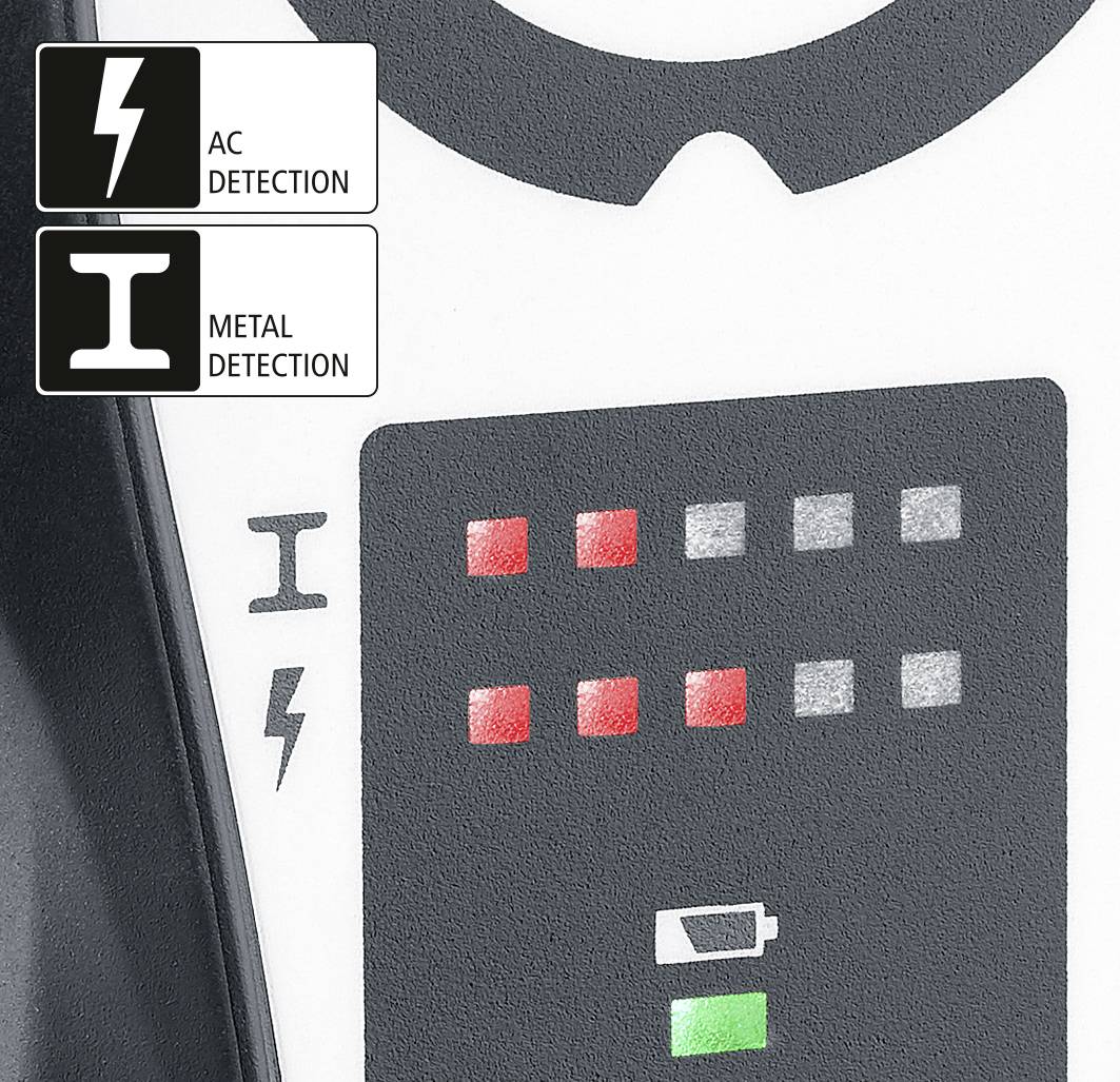 Ein Gerät zeigt Symbole für Wechselstromerkennung, Metallerkennung und Batteriestand. Rote und graue Lichter signalisieren Erkennung.