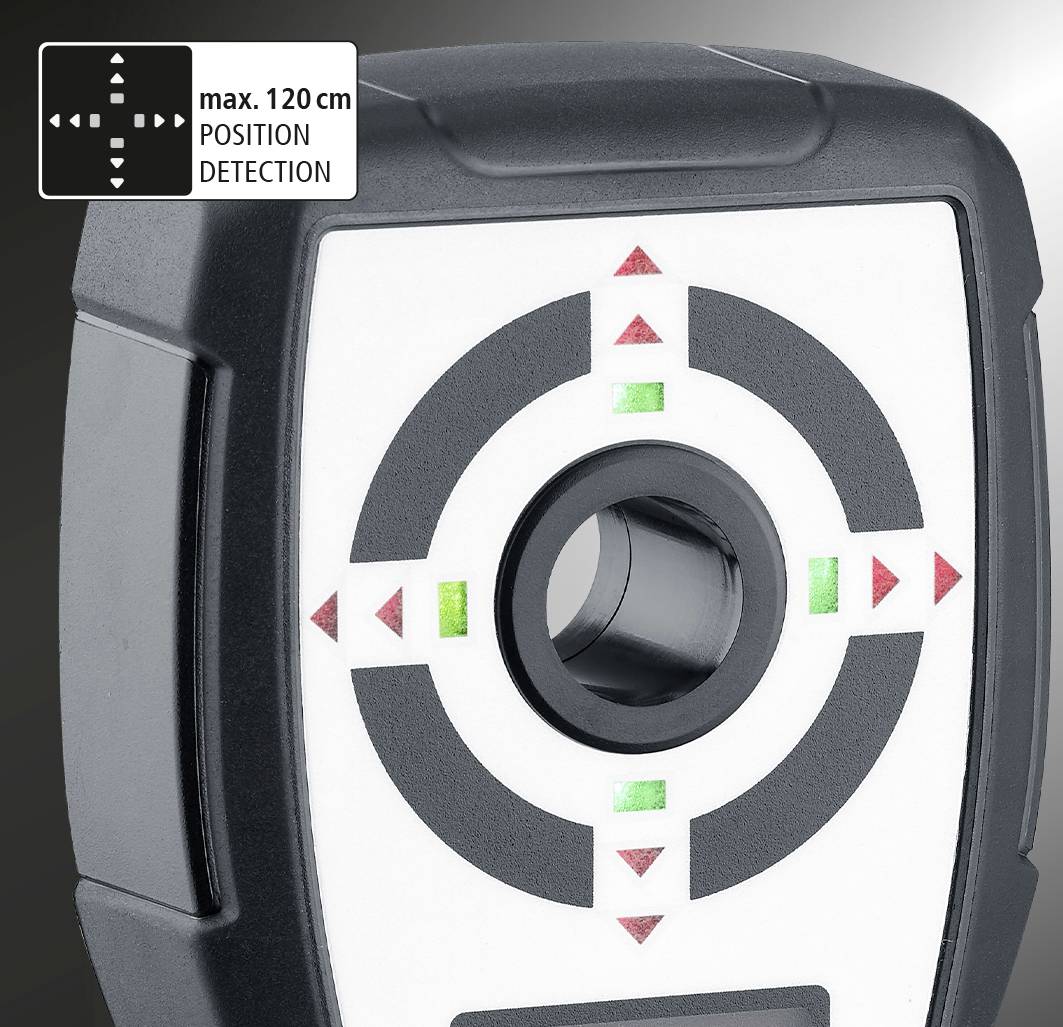 Ein Sensor mit einem Durchmesserloch in der Mitte, umgeben von vier Pfeilen und roten sowie grünen Markierungen. Maximale Positionserkennung: 120 cm.