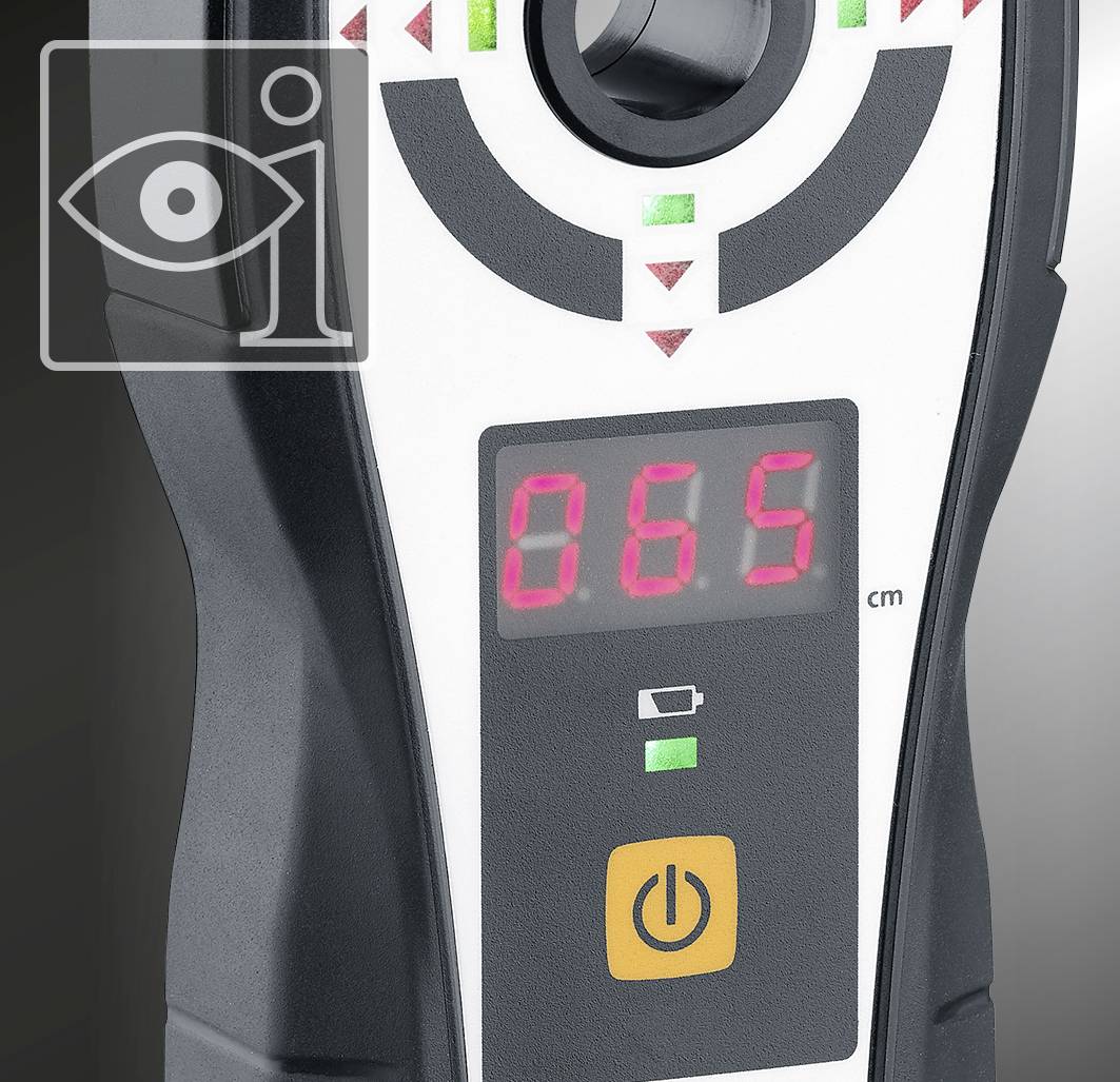 Ein digitales Messgerät zeigt '065 cm' auf dem Display an, darunter befindet sich eine Batterieanzeige und ein Ein-/Ausschalter.