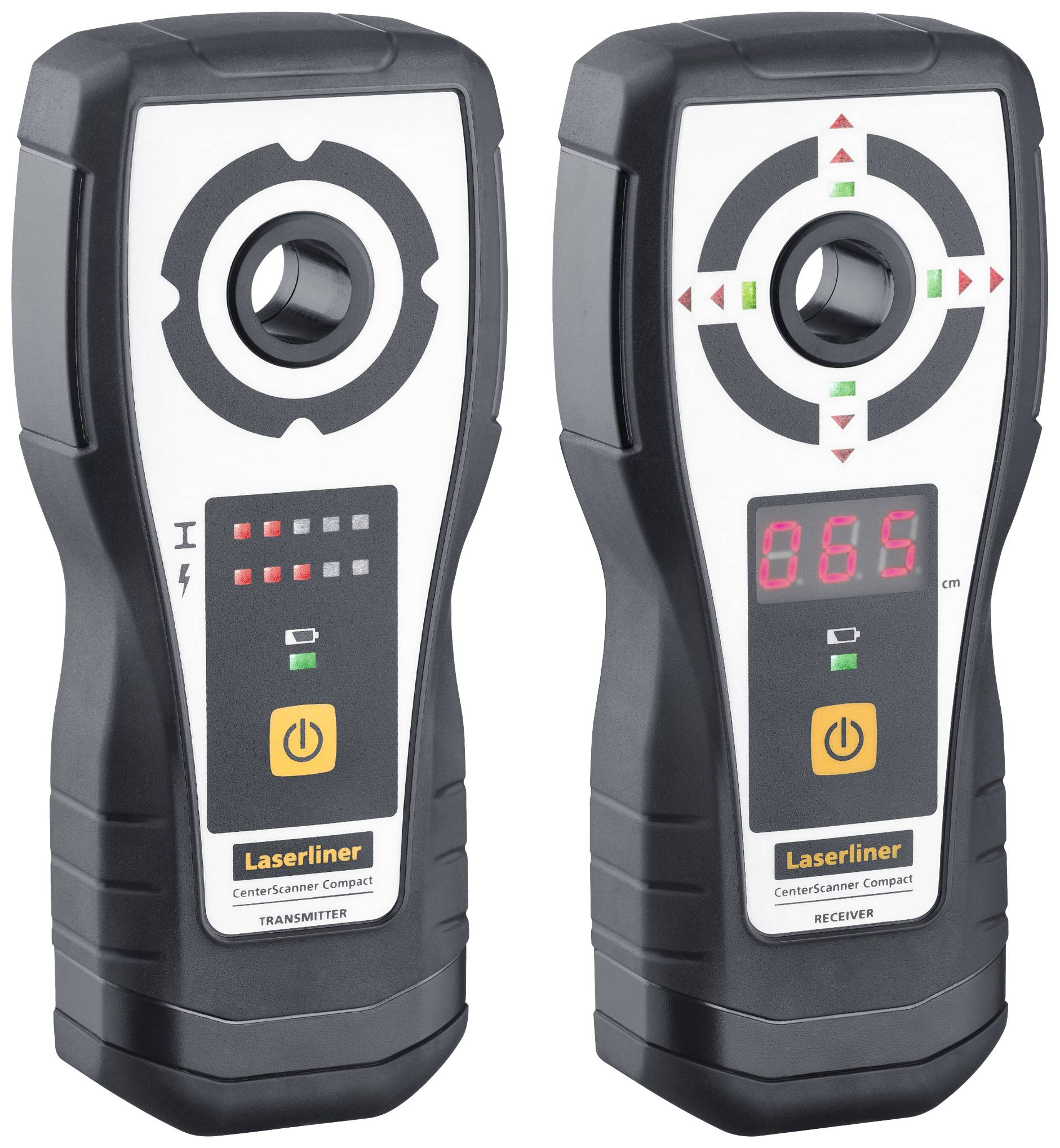 Zwei Geräte zur Ortung in Wänden. Links: Transmitter mit Bedienknopf und LEDs. Rechts: Receiver mit Display und Maßanzeige.