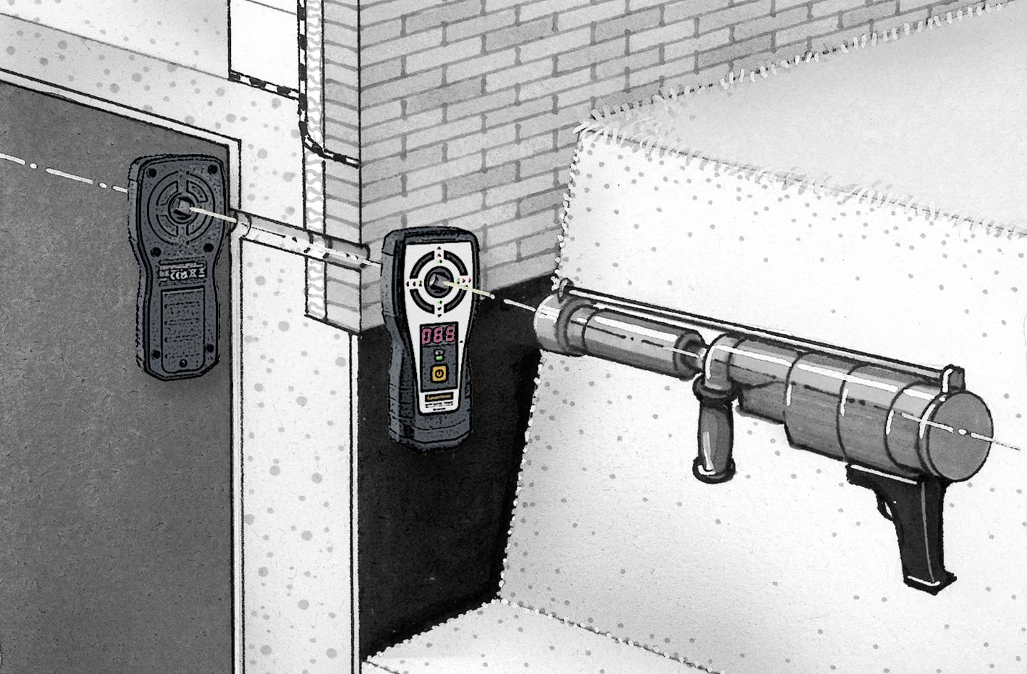 Ein Messgerät zeigt 085 an, während ein Rohr an einer Wand montiert ist. Szenario zur Wanddickenmessung.