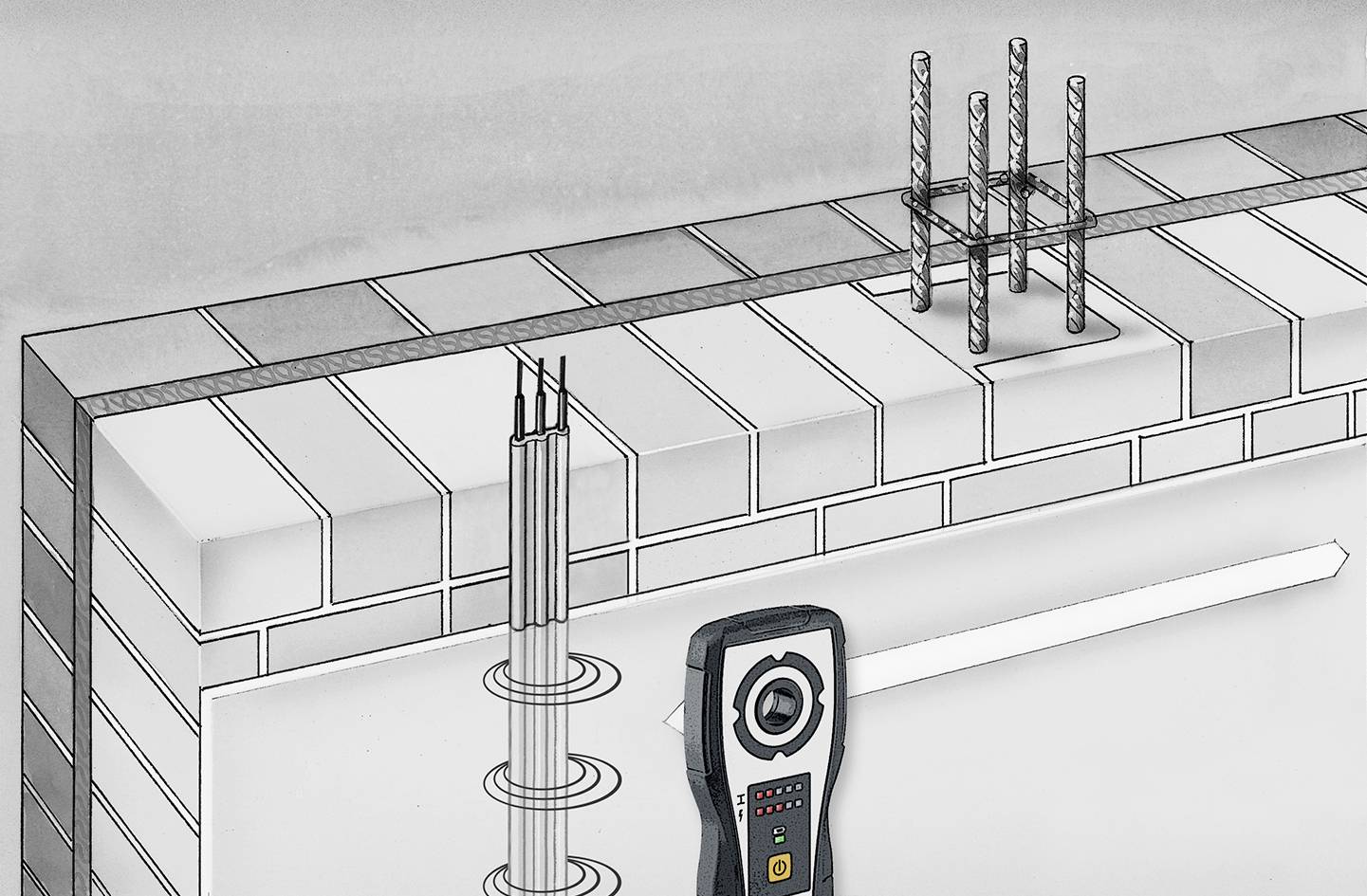 Eine Zeichnung zeigt eine Mauerwerkstruktur mit Bauelementen wie Stahlträgern und Kabeln sowie ein Messgerät zur Ortung.