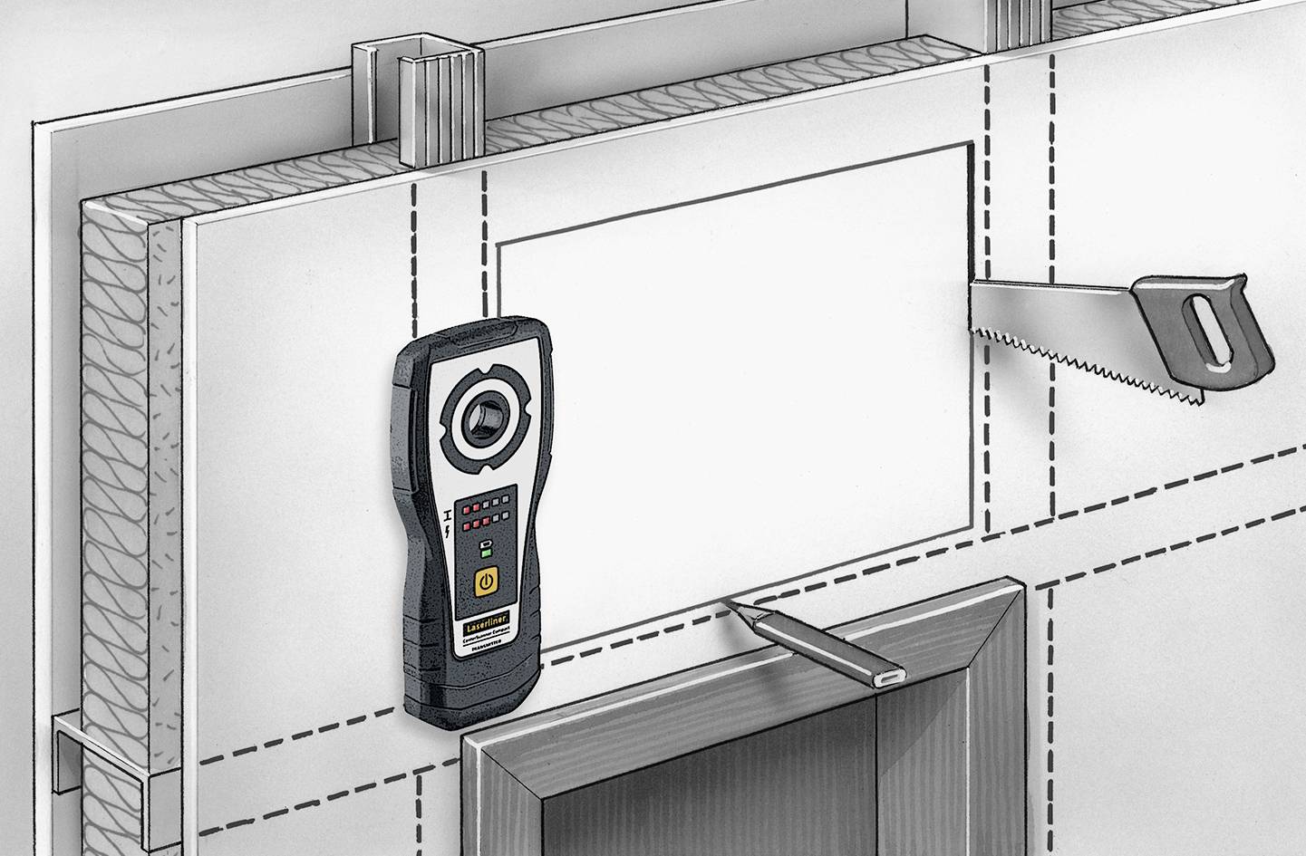Ein Detektor wird verwendet, um eine Leitung oder ein Objekt in einer Wand zu finden. Eine Säge schneidet ein Rechteck in die Wand.