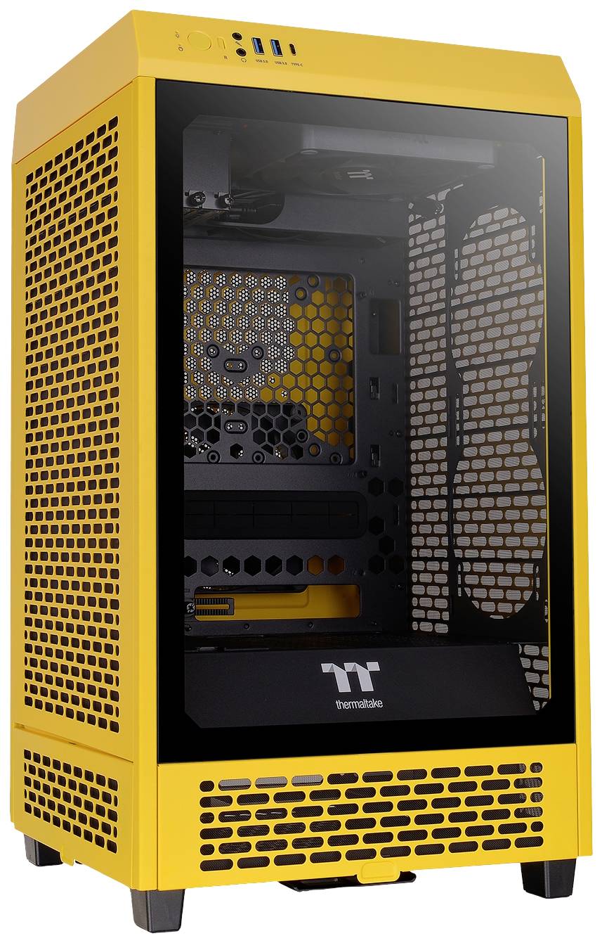 Gelbes Computergehäuse mit schwarzer Frontscheibe. Sichtbar sind belüftete Seitenwände und halbrunde Beine.