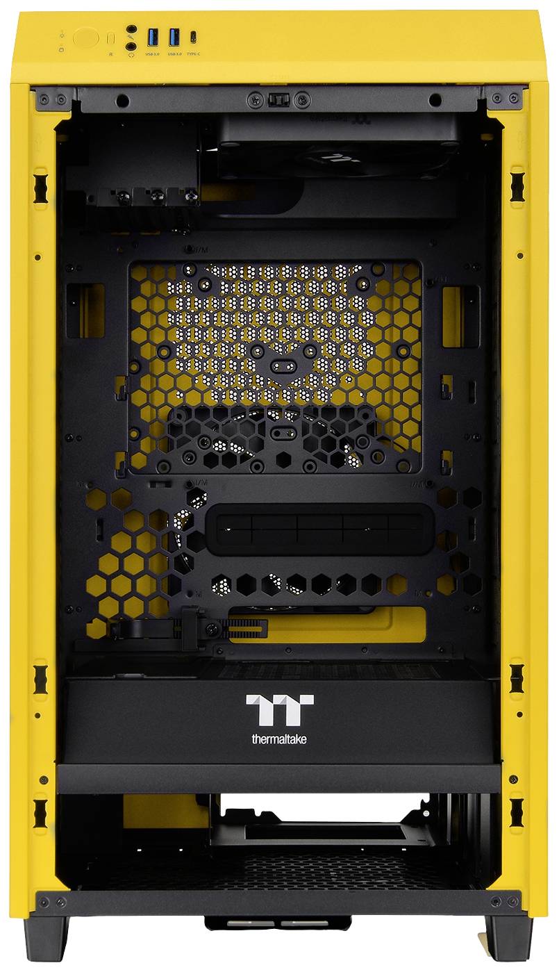Gelbes Computergehäuse von vorne ohne Hardware. Oben zwei USB-Anschlüsse und Audiobuchsen. Innenraum zeigt Platz für Komponenten.