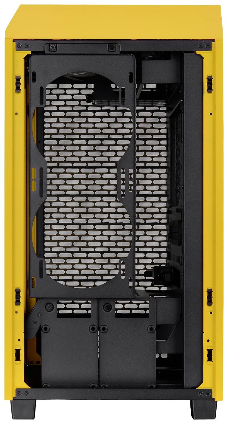 Ein leeres, gelbes Computergehäuse mit offenem Frontpanel, das Platz für Lüfter und andere Hardwarekomponenten bietet.