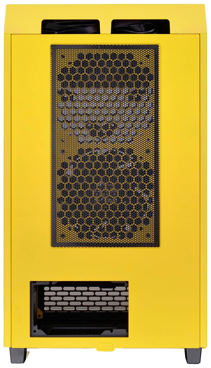 Gelbes Computergehäuse mit schwarzem Gitter auf der Vorderseite, das zwei Lüfter sichtbar macht; moderne und funktionale Gestaltung.