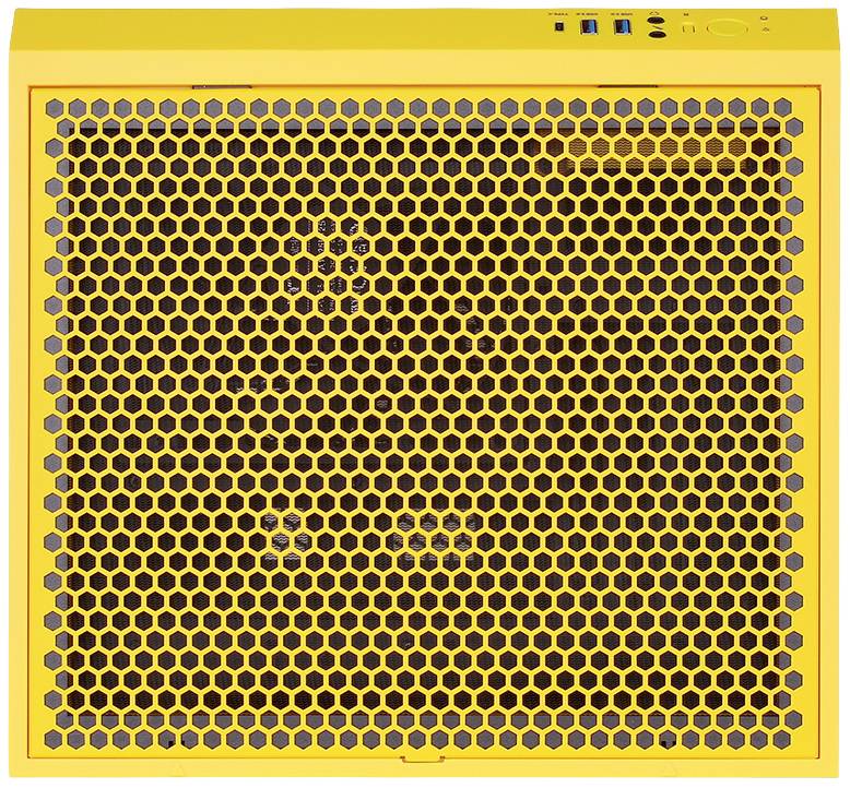 Ein gelber Computergehäusedeckel mit sechseckigem Lüftungsgitter und seitlichen Anschlussports.
