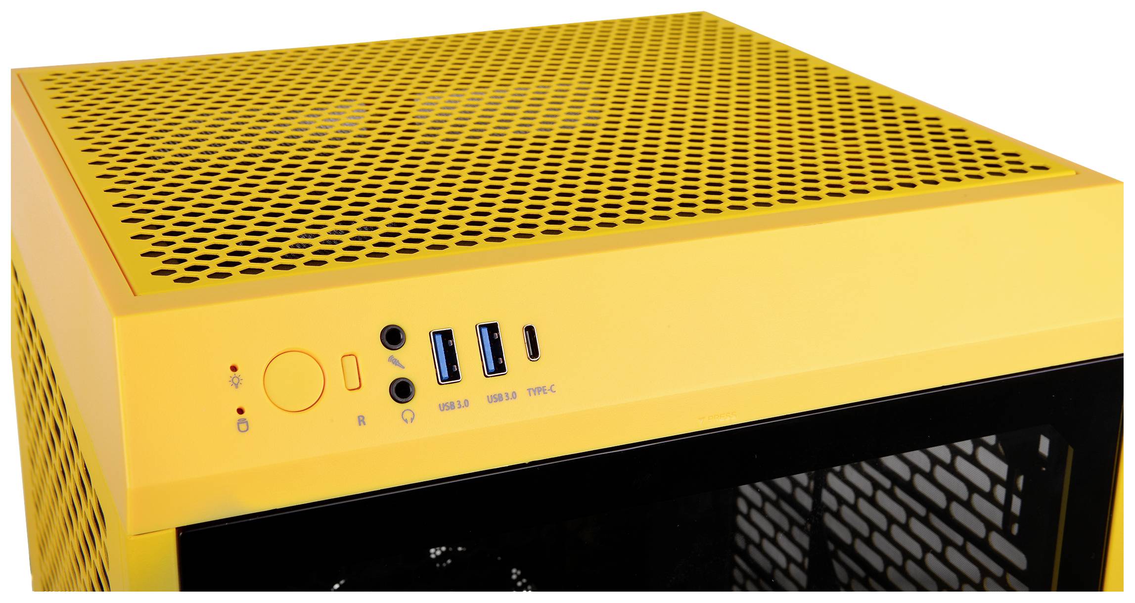 Gelbes Computergehäuse mit Luftlöchern, USB-Anschlüssen, Audio-Anschlüssen und Power-Taste an der Vorderseite.
