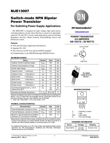 ON Semiconductor Transistor (BJT) - diskret MJE13007G TO-220 NPN Tube