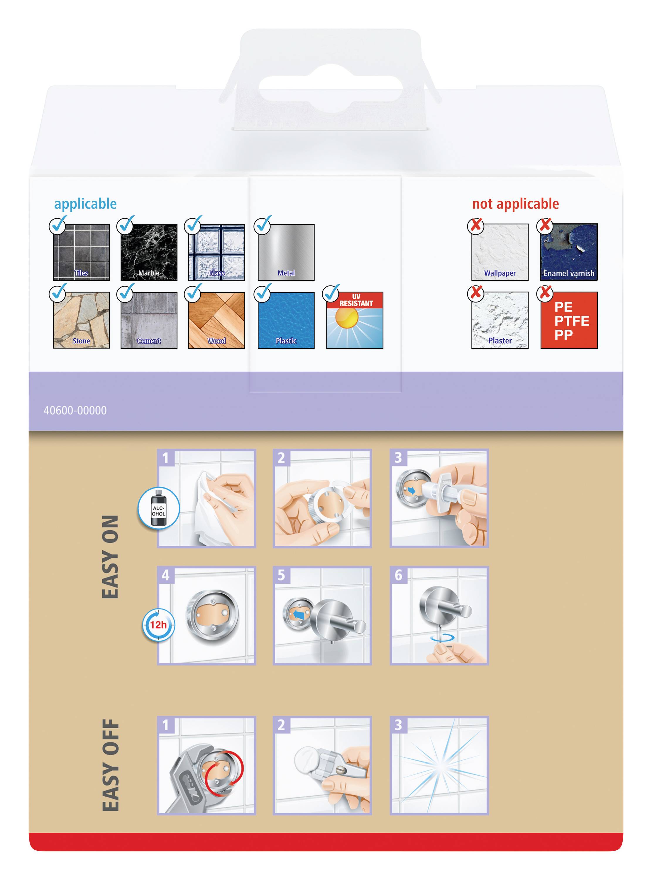 Anwendung: Fliesen, Marmor, Metalloberflächen. Nicht für Tapeten, Kunststoff. Montageanleitung: Erst anbringen, dann sicher entfernen.