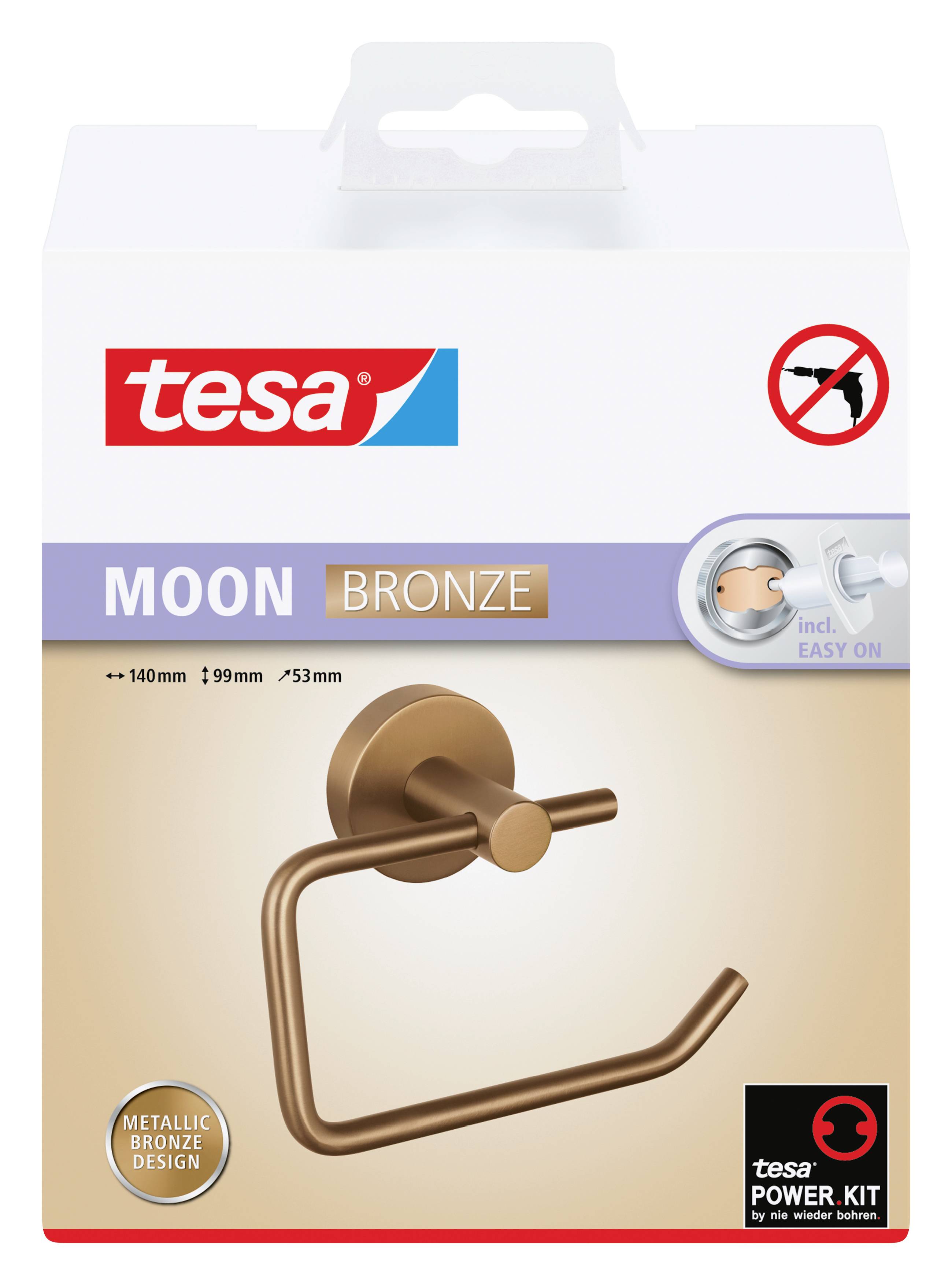 Verpackung eines bronzefarbenen Toilettenpapierhalters der Marke 'tesa', Produktname 'MOON'. Enthält Mounting Kit, kein Bohren erforderlich.