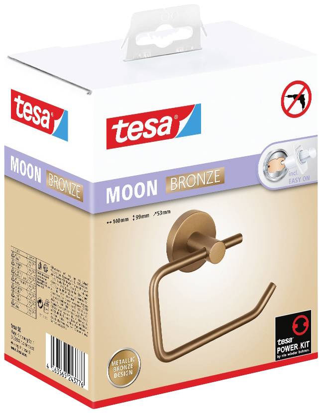 Verpackung eines bronze-farbenen Handtuchhalters der Marke 'tesa' mit Einfache Montage, inklusive Power Kit.