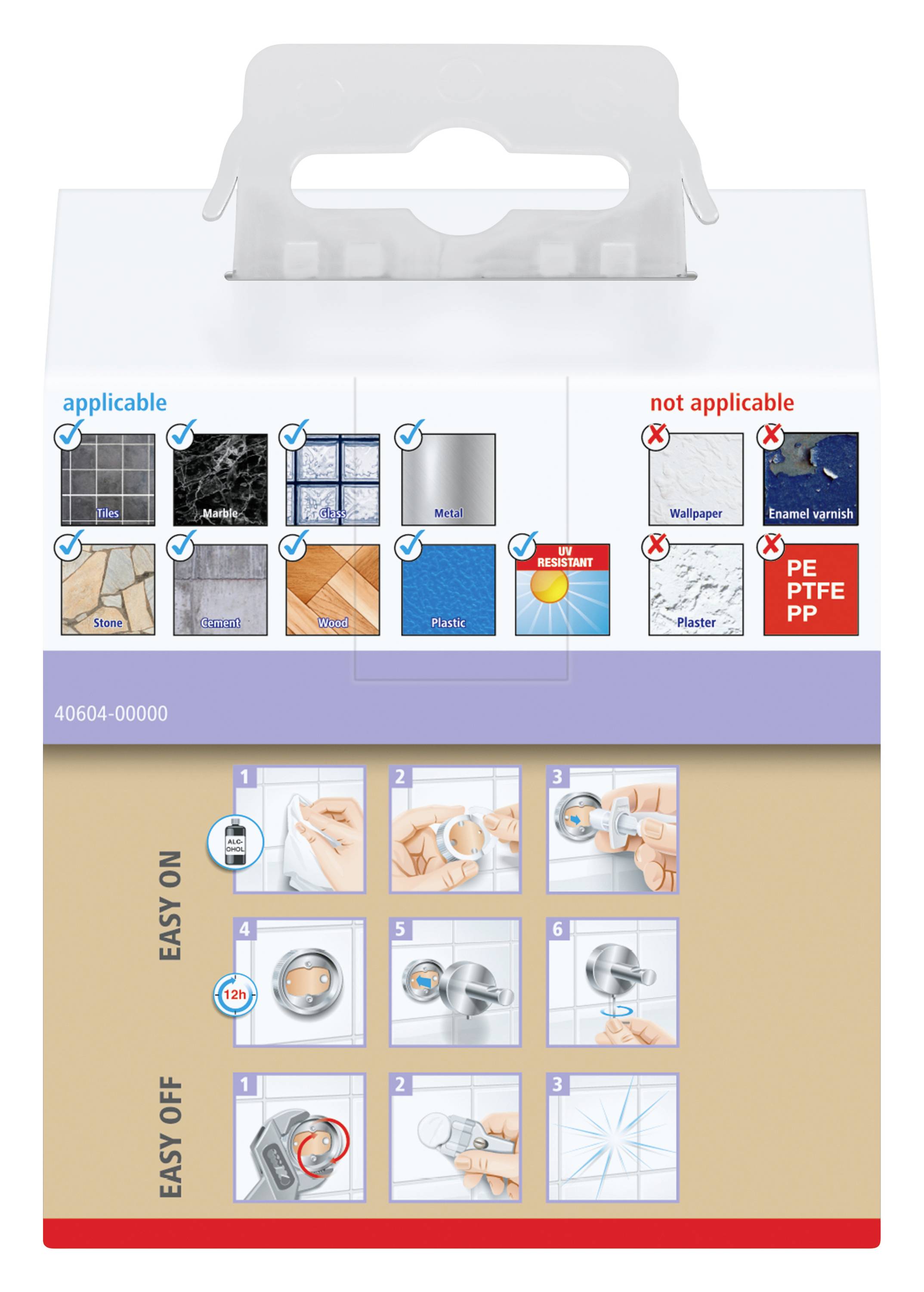 Produktverpackung zeigt geeignete und ungeeignete Oberflächen für Haftung. Links: Fliesen, Metall. Rechts: Tapete, Putz. Anleitung: Montage in 6 Schritten.