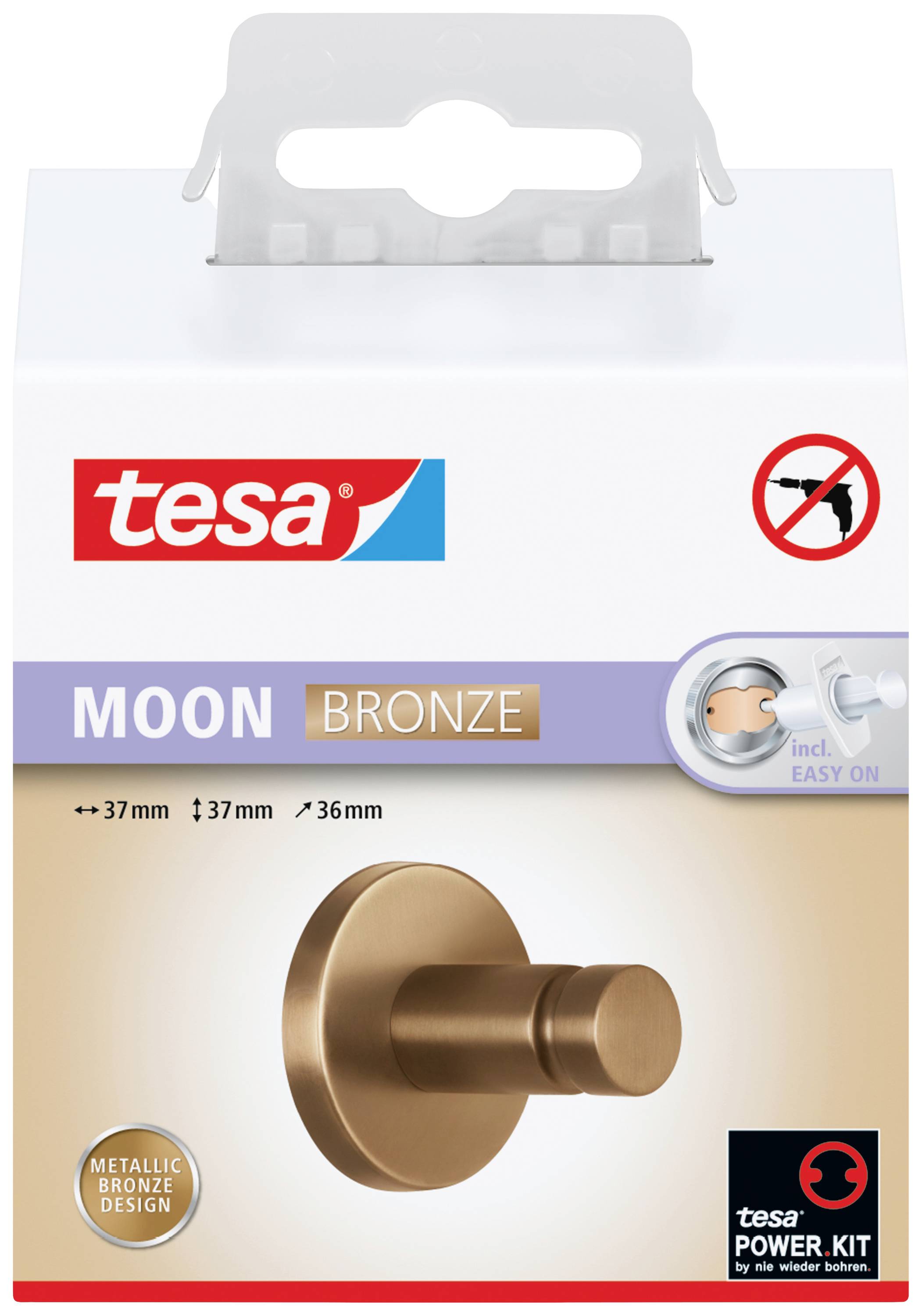 Verpackung eines tesa MOON Bronze-Handtuchhalters mit Bohrfrei-System. Enthält Montagezubehör und zeigt Abbildung des Bronze-Designs.