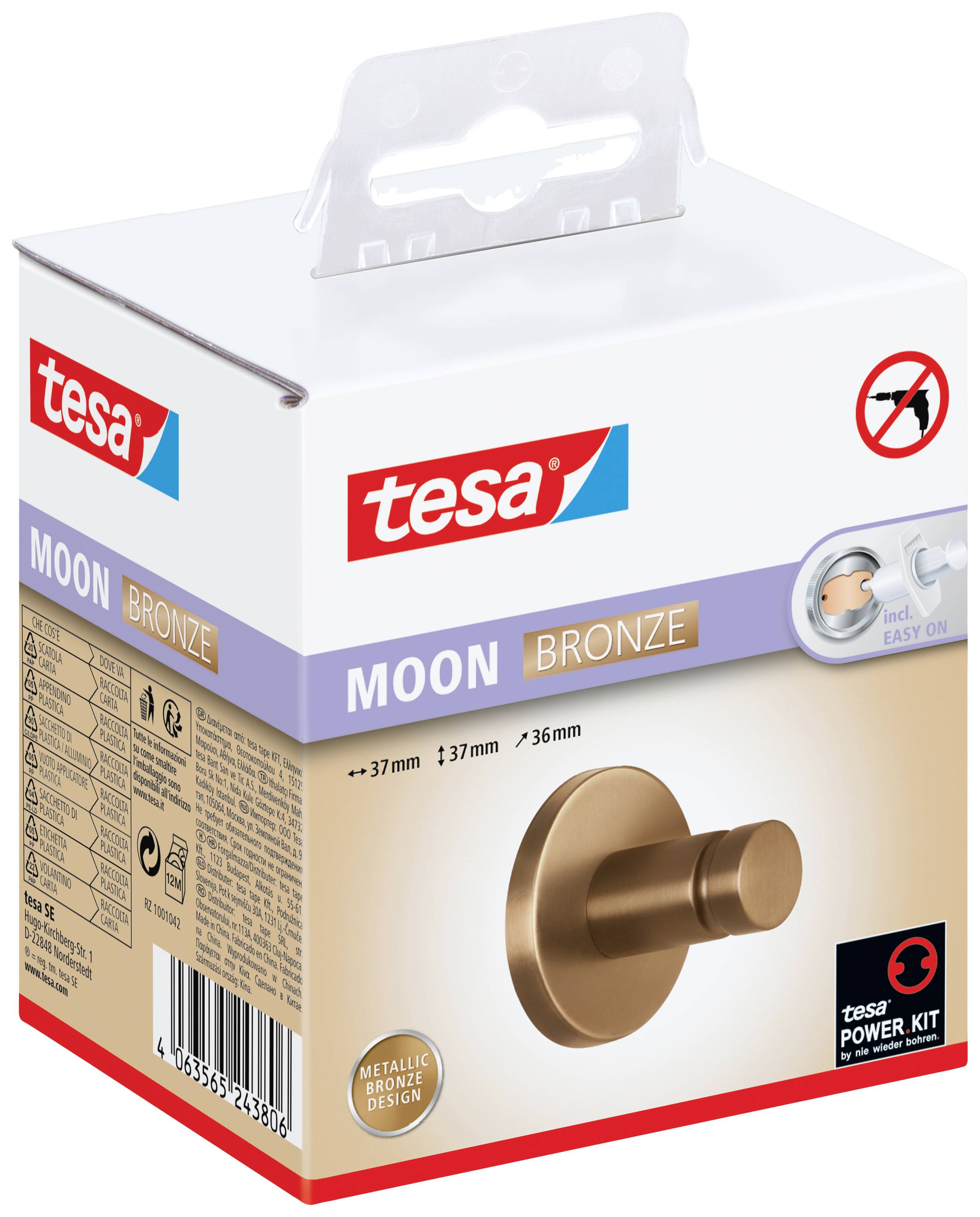 Die Verpackung zeigt einen bronzenen Wandhaken von 'tesa' der Serie 'MOON'. Geeignet zum Anbringen ohne Bohren.