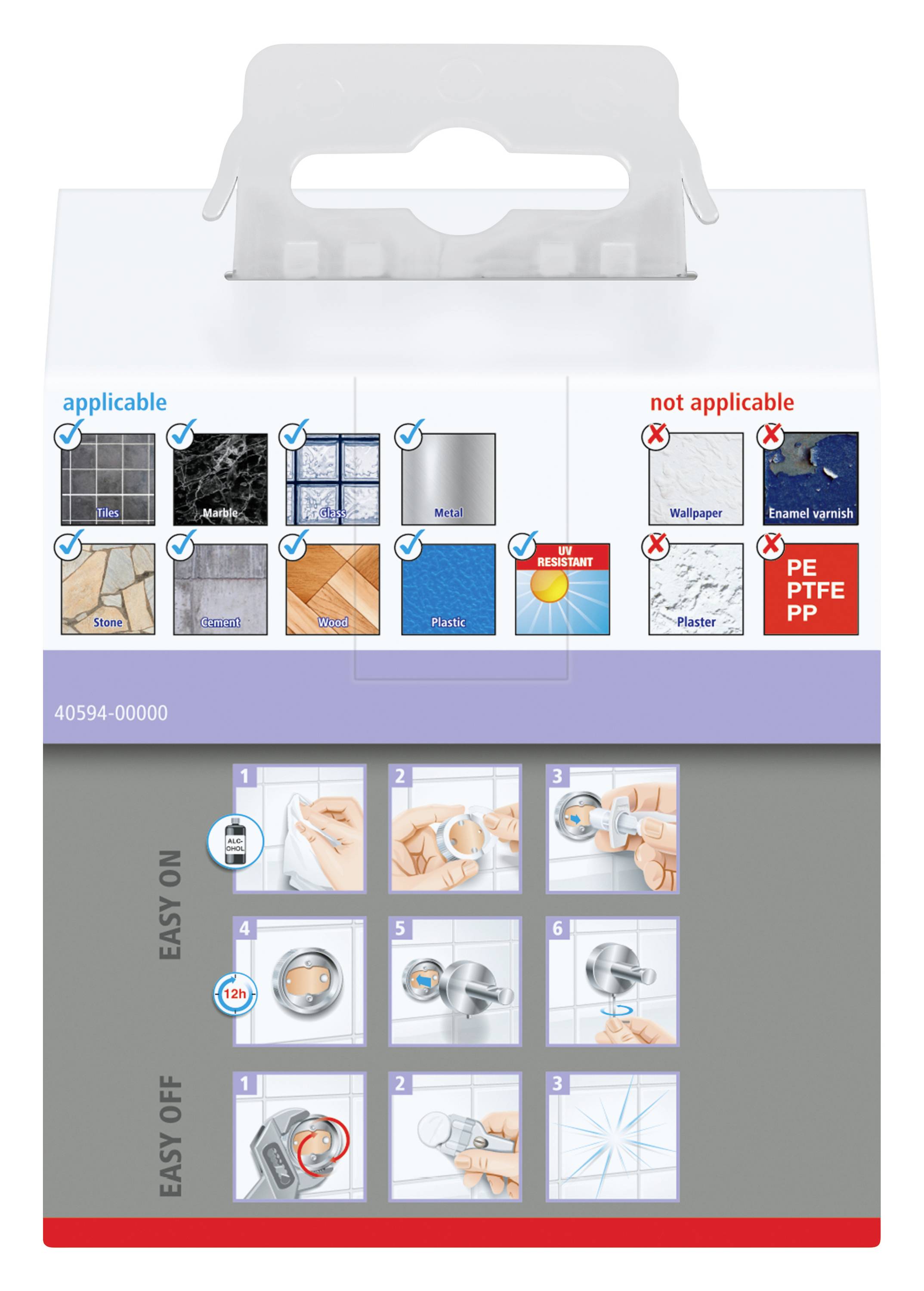 Verpackungsrückseite zeigt Anwendungen von Klebeband: geeignet für Fliesen, Metall, Kunststoff; nicht geeignet für Tapeten, Putz. Anleitungen zum Anbringen und Entfernen in Bildern.