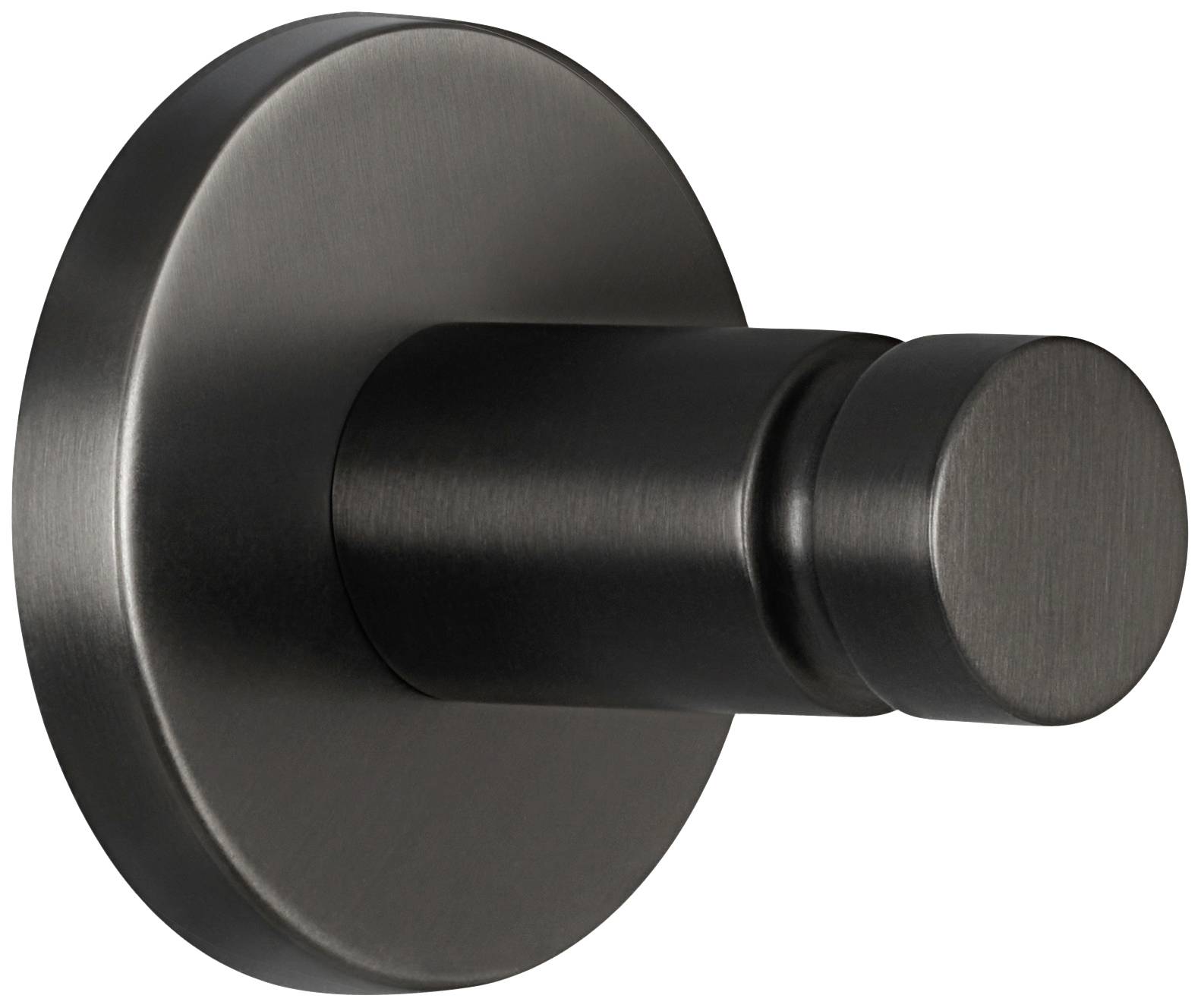 Ein runder, metallischer Wandhaken in dunklem Finish. Der Haken hat eine zylindrische Form und ist sauber an der Wand montiert.