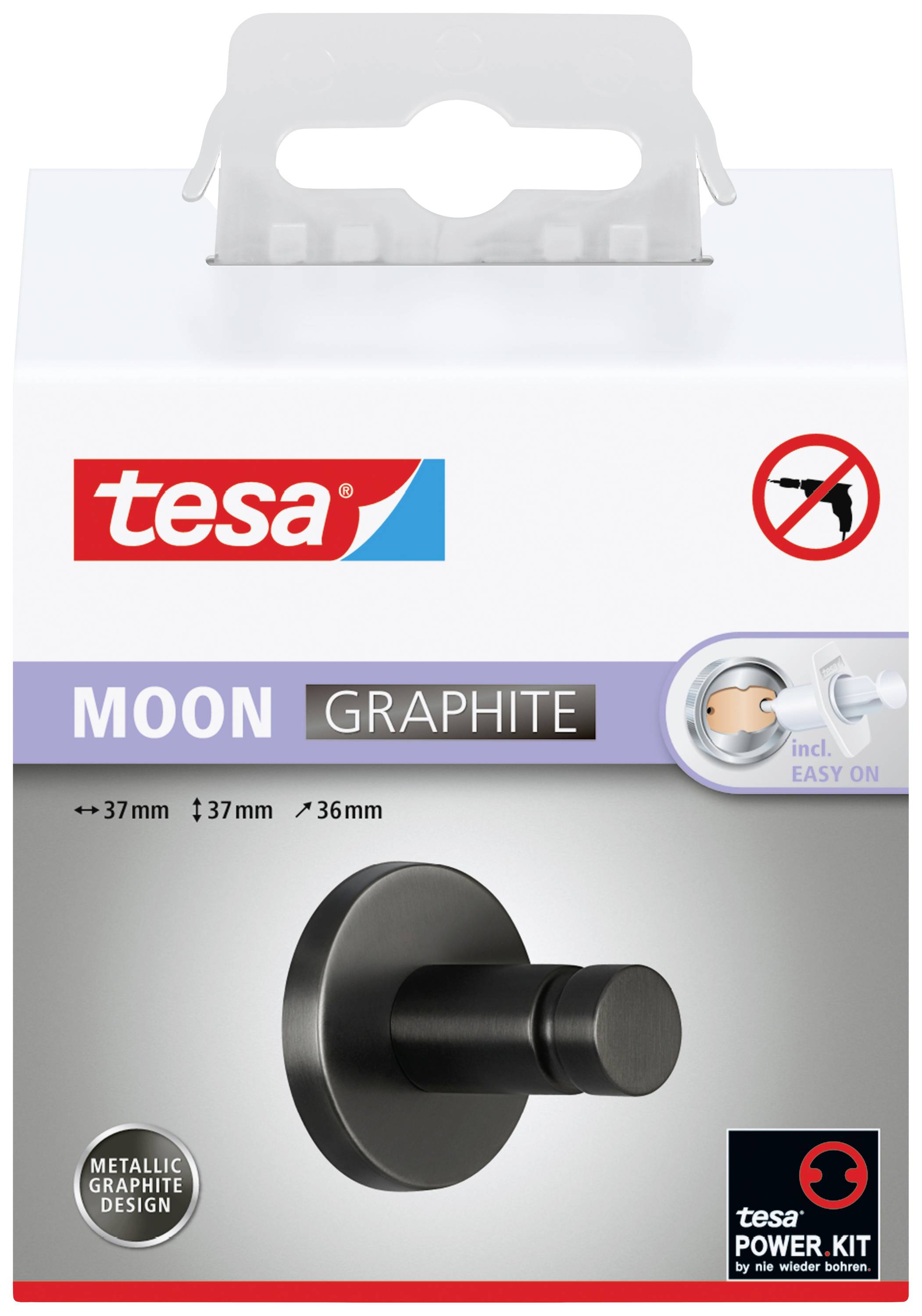 Verpackung eines tesa MOON GRAPHITE Hakens, einfach anzubringen ohne Bohren, graphitfarbene Metalloptik, inklusive Power Kit.