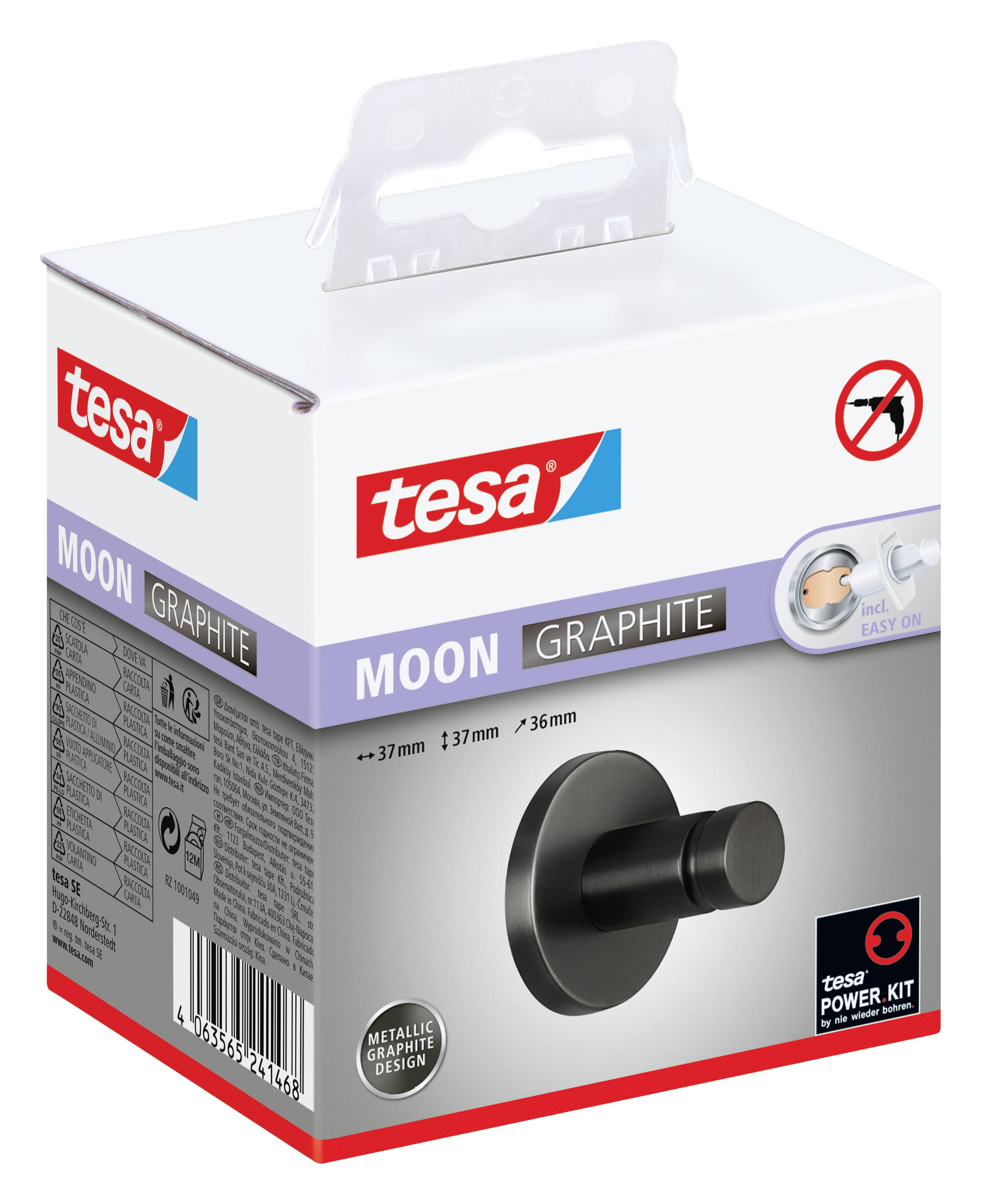 Verpackung einer selbstklebenden Wandhakenpackung der Marke 'tesa', Modell 'Moon Graphite', in metallic-schwarz.