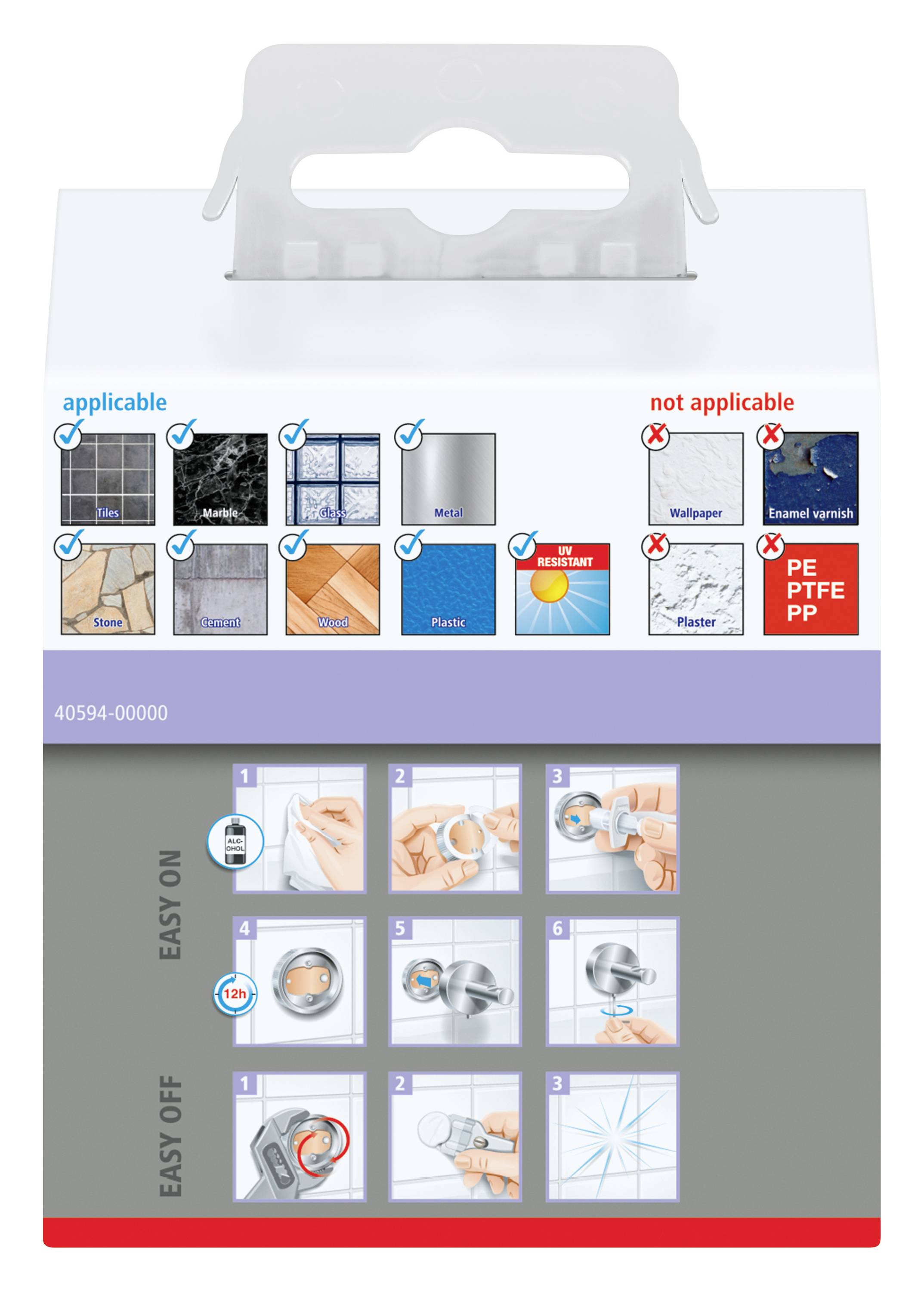 Verpackungsrückseite von Klebeband: Oben Symbole, die geeignete Oberflächen zeigen, wie Fliesen und Holz. Unten Anweisungen zur Anwendung.