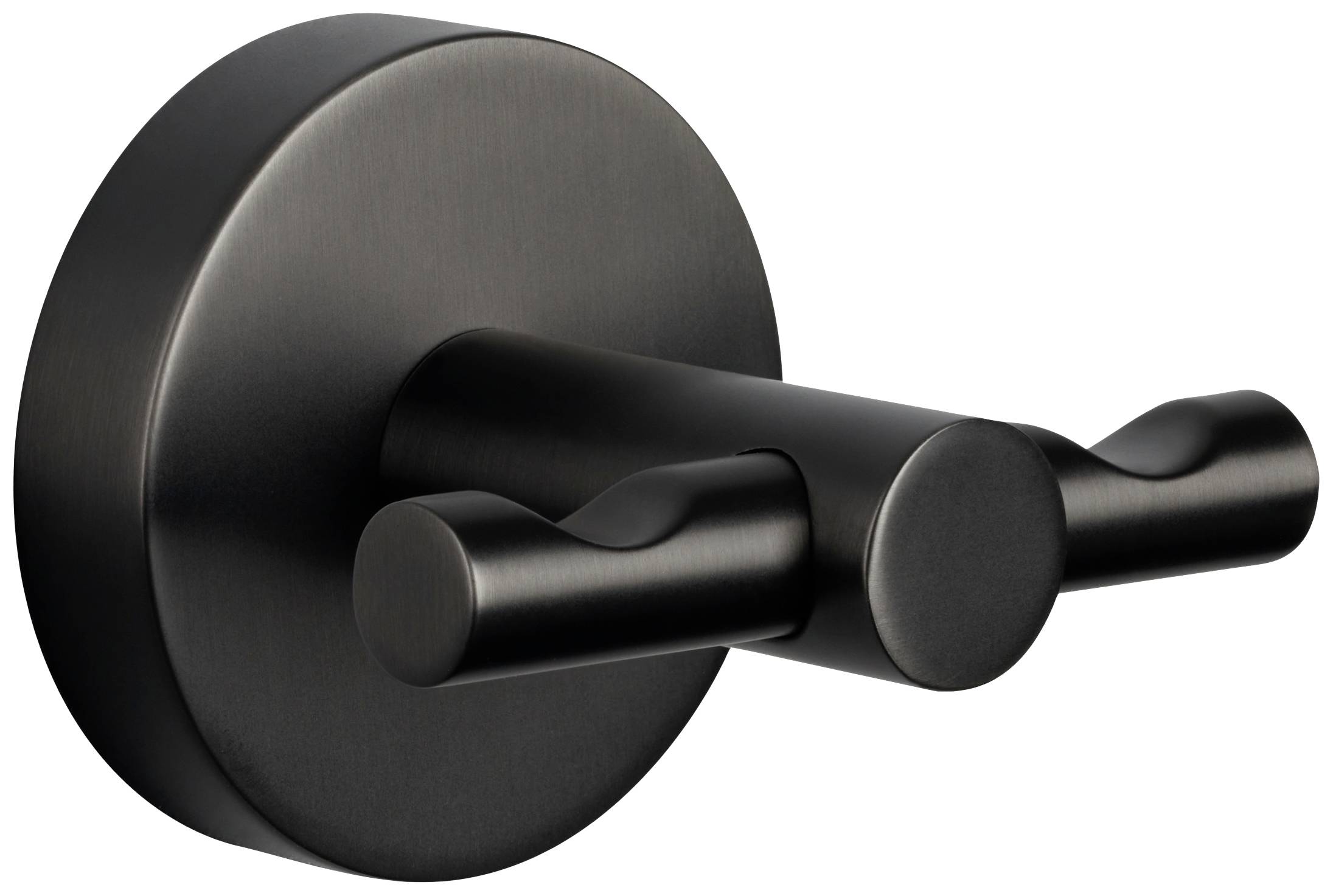 Schwarzer, runder Wandhaken mit zwei Hakenarmen. Elegantes, modernes Design, geeignet zum Aufhängen von Mänteln oder Handtüchern.