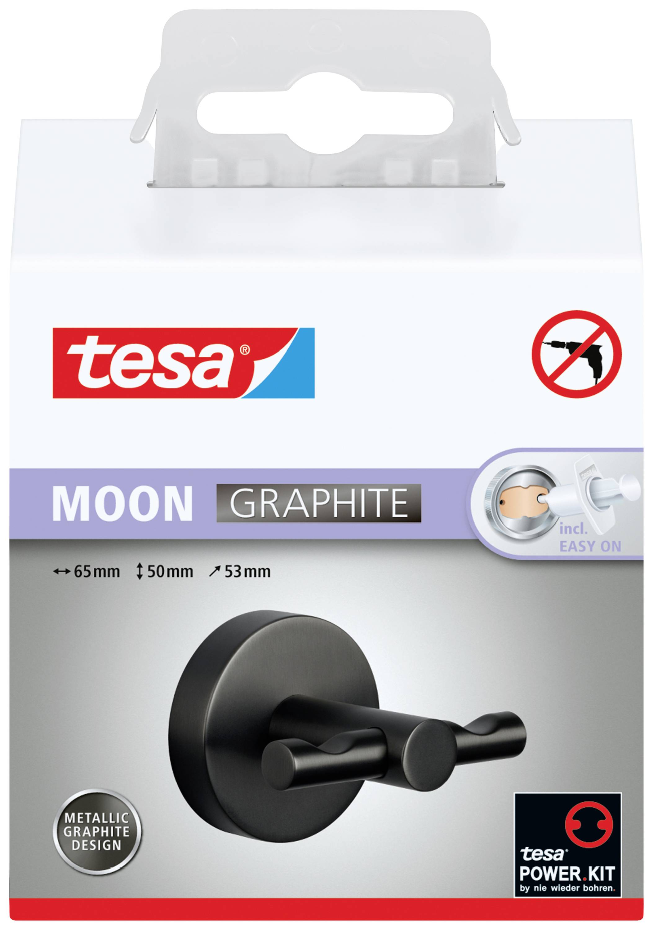 Schwarzer Doppelhaken aus Metall mit graphitfarbenem Design in Verpackung, geeignet zum Bohren oder Kleben an die Wand.