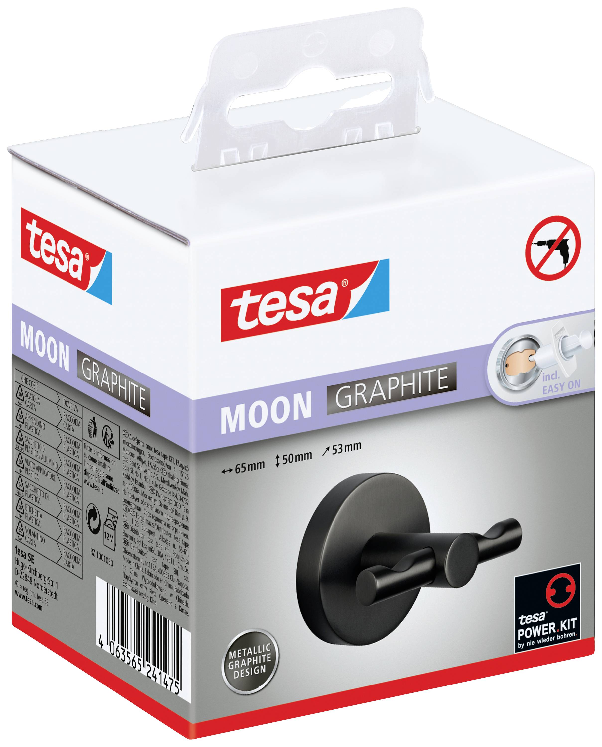 Verpackung einer Wandhalterung der Marke 'tesa', Modell 'MOON GRAPHITE', in Schwarz, Metalloptik. Enthält 'Easy On/Easy Off'-Technologie.