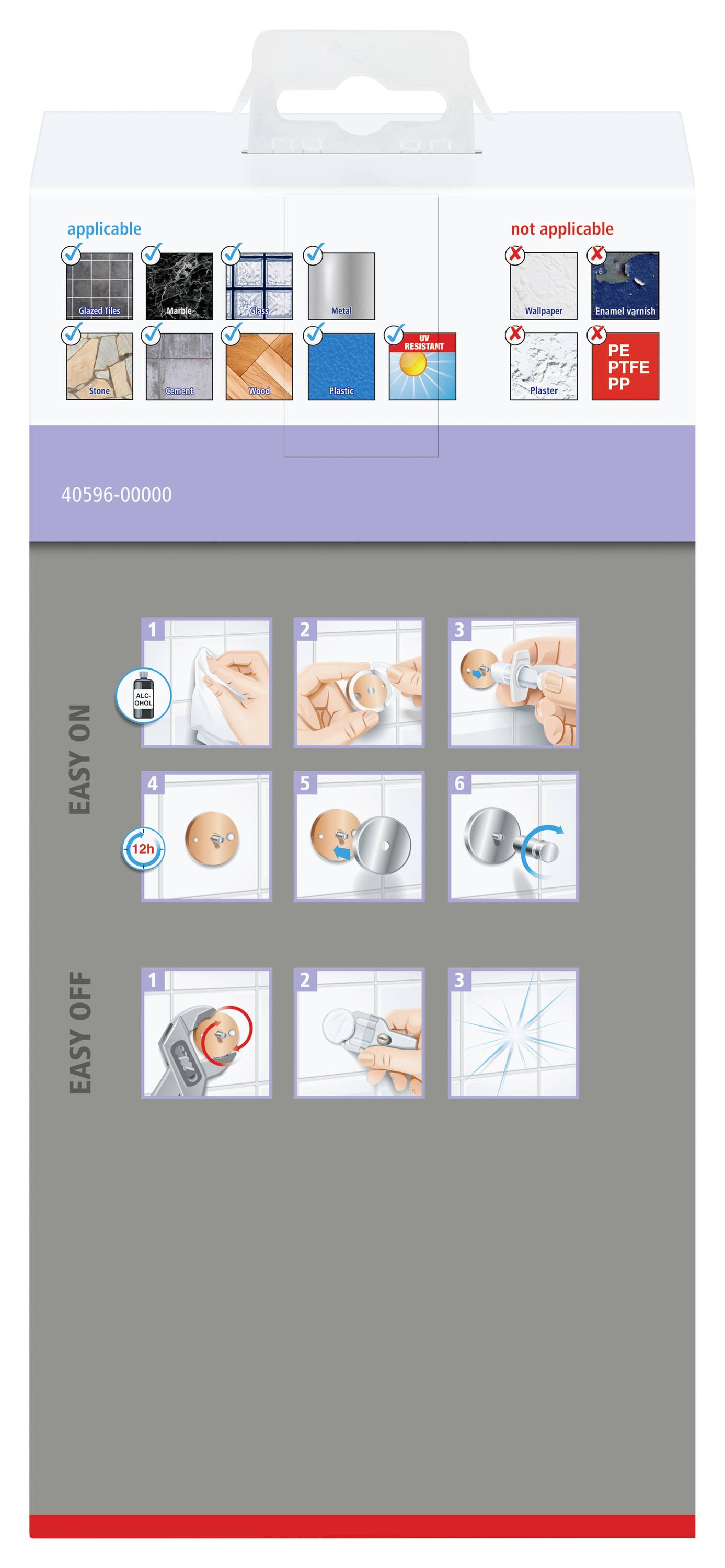 Anleitung zur Anwendung und Entfernung: 1. Klebefläche reinigen, 2. Schutzfolie abziehen, 3. Produkt anbringen, 4. Produkt abnehmen.