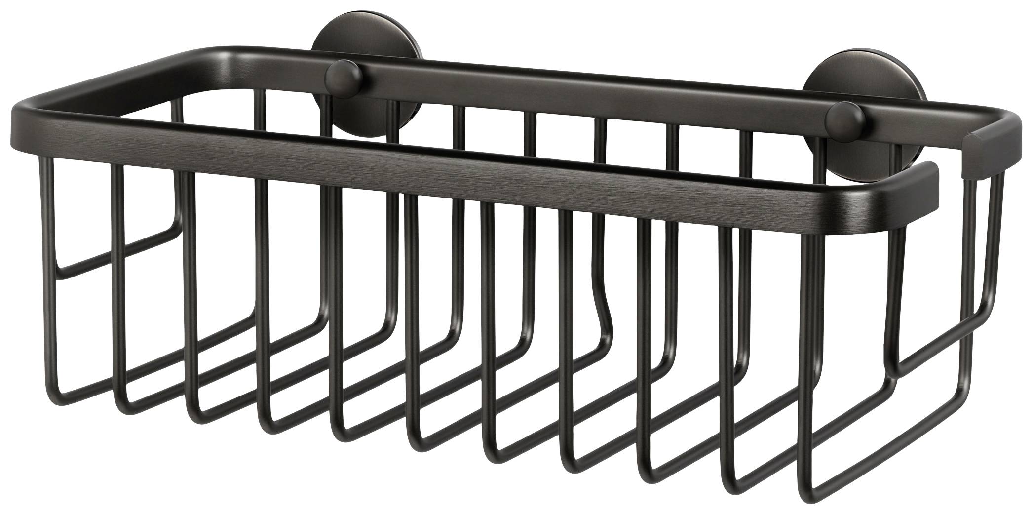 Schwarzer Duschkorb aus Metall mit rechteckiger Form, zur Wandmontage geeignet. Ideal zum Verstauen von Duschutensilien.