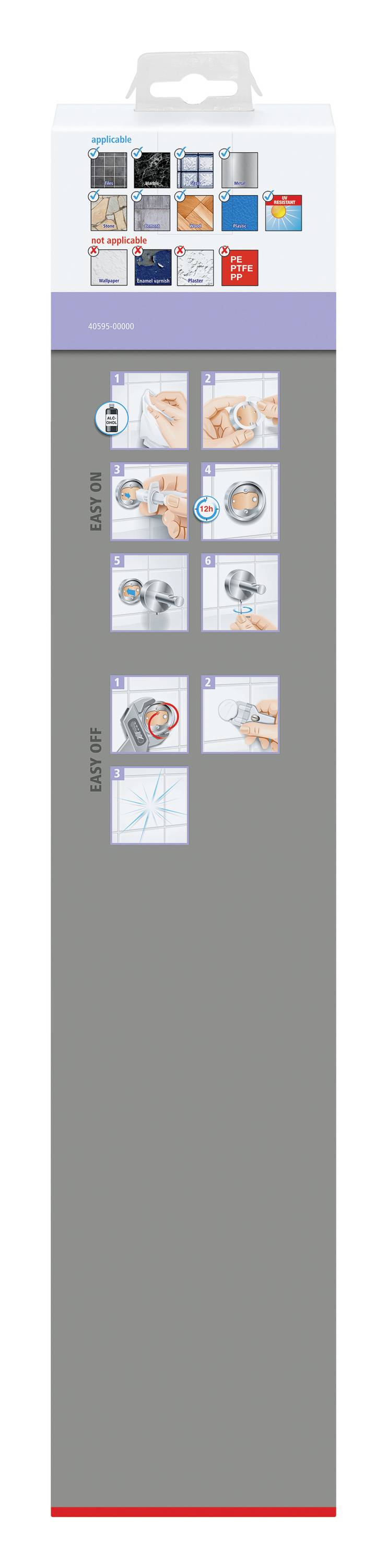 Verpackung eines Rollos mit schrittweiser Anleitung zur Montage. Schritte zeigen Illustrationen von Befestigung am Fensterrahmen gemäß Europäischer Anweisungen.