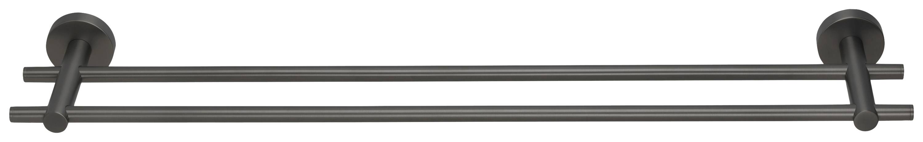 Ein doppelter Handtuchhalter aus mattschwarzem Metall, horizontal an der Wand montiert, für Badezimmer oder Küchen geeignet.