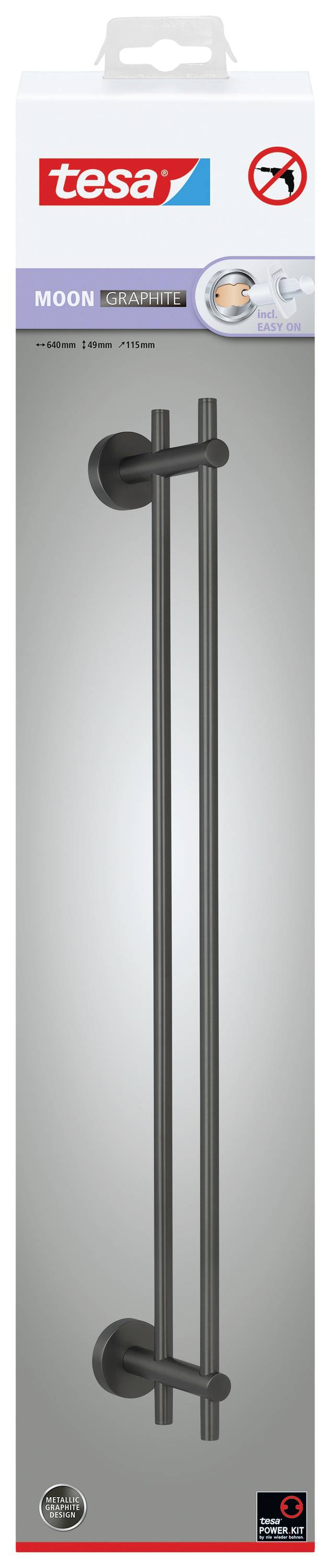 Verpackung einer doppelten Handtuchstange 'tesa MOON' mit Zubehör und Montageanleitung. Farbe: Schwarz. Befestigung ohne Bohren.