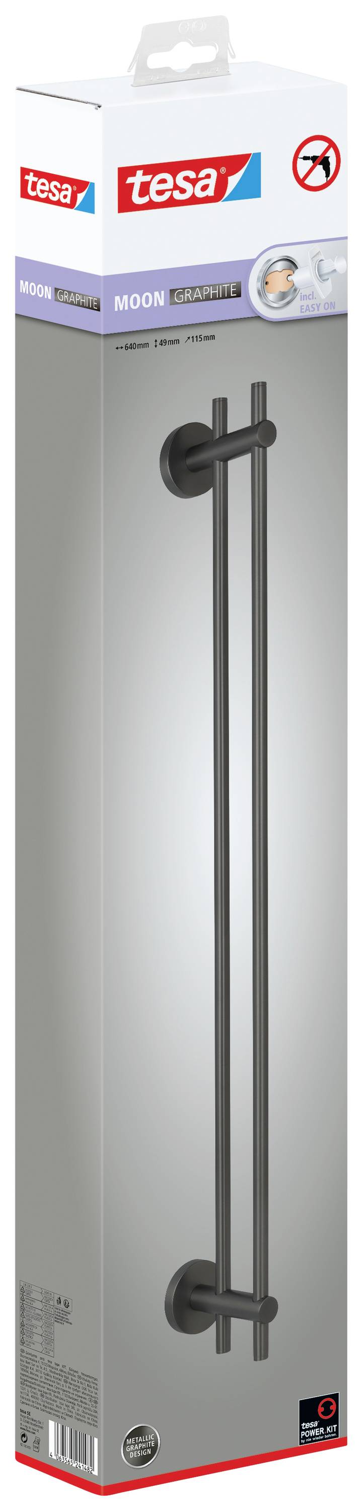 Verpackung einer tesa MOON Duschstange, graue Metalloptik, ohne Bohren, zeigt das Produktbild und Markenlogo.