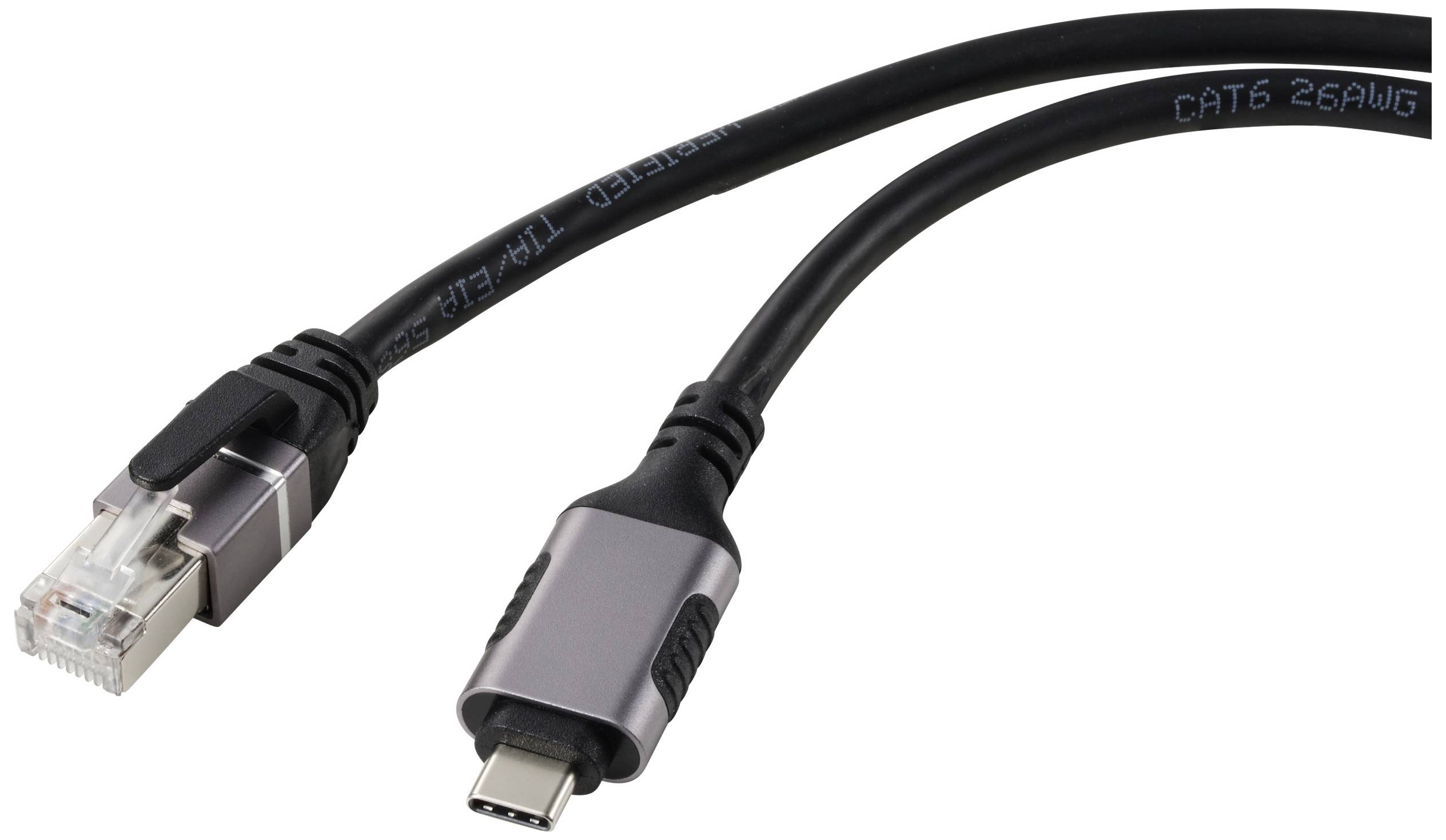 USB-C-zu-RJ-45-Kabel, schwarz mit Metallsteckern, geeignet für Netzwerkverbindungen.