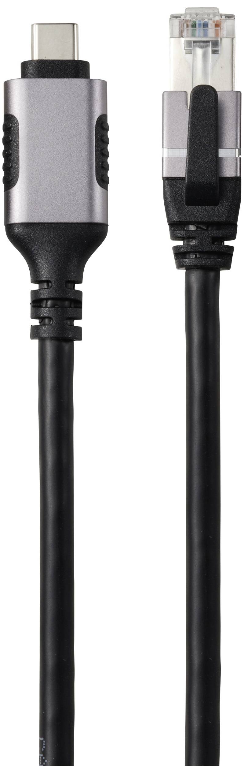 Zwei Kabel sind abgebildet: links ein USB-C-Kabel und rechts ein Ethernet-Kabel, beide mit schwarzem Kabelmantel.