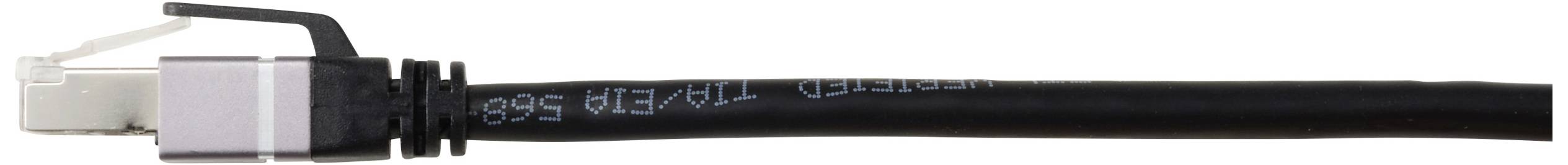 Ein schwarzes Ethernet-Kabel mit einem Stecker am Ende, typischerweise verwendet für die Netzwerkverbindung in Computern.